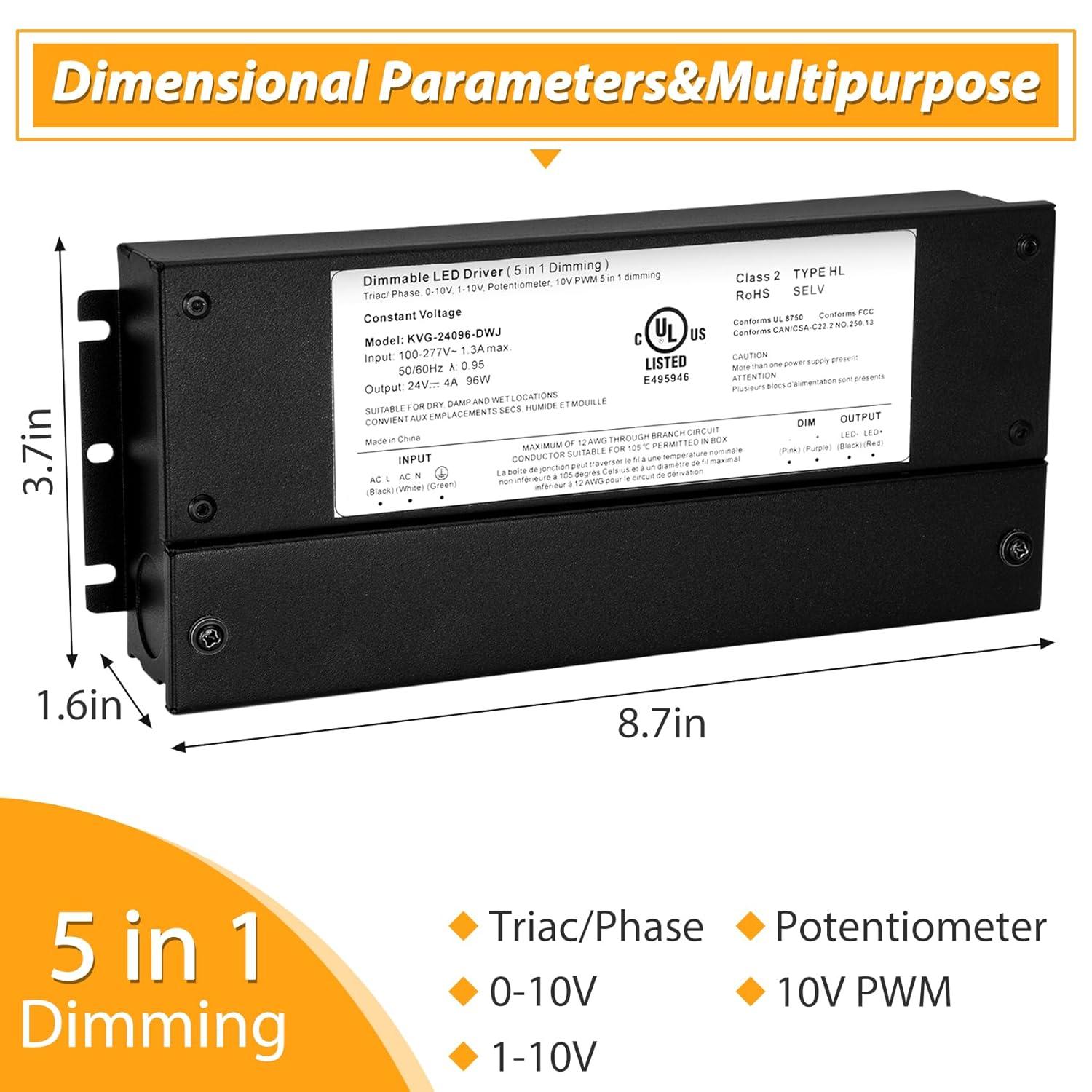 60W Dimmable LED Driver 24V, AC to DC Triac Dimmable Transformer Power Supply, Dimming LED Driver, Compatible with lutron and leviton Dimmer, TRIAC/Phase/0-10V /1-10V/Potentiometer/10V PWM UL Listed