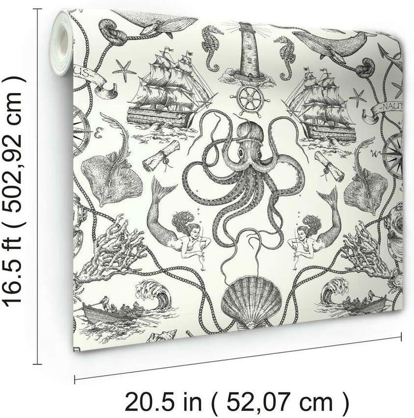 RoomMates Deep Sea Toile Blue Peel and Stick Wallpaper: Nautical Vinyl, Mermaid & Seahorses, Self-Adhesive, 28.18 Sq Ft Coverage