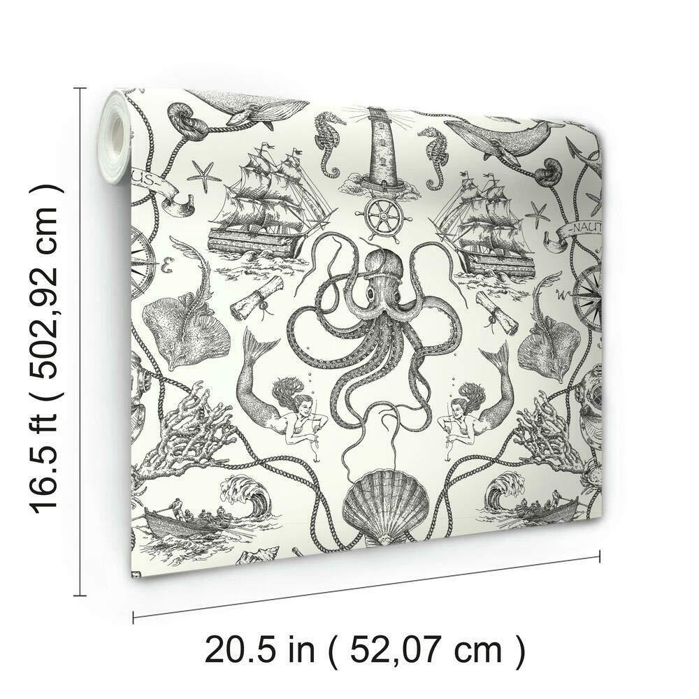 RoomMates Deep Sea Toile Blue Peel and Stick Wallpaper: Nautical Vinyl, Mermaid & Seahorses, Self-Adhesive, 28.18 Sq Ft Coverage