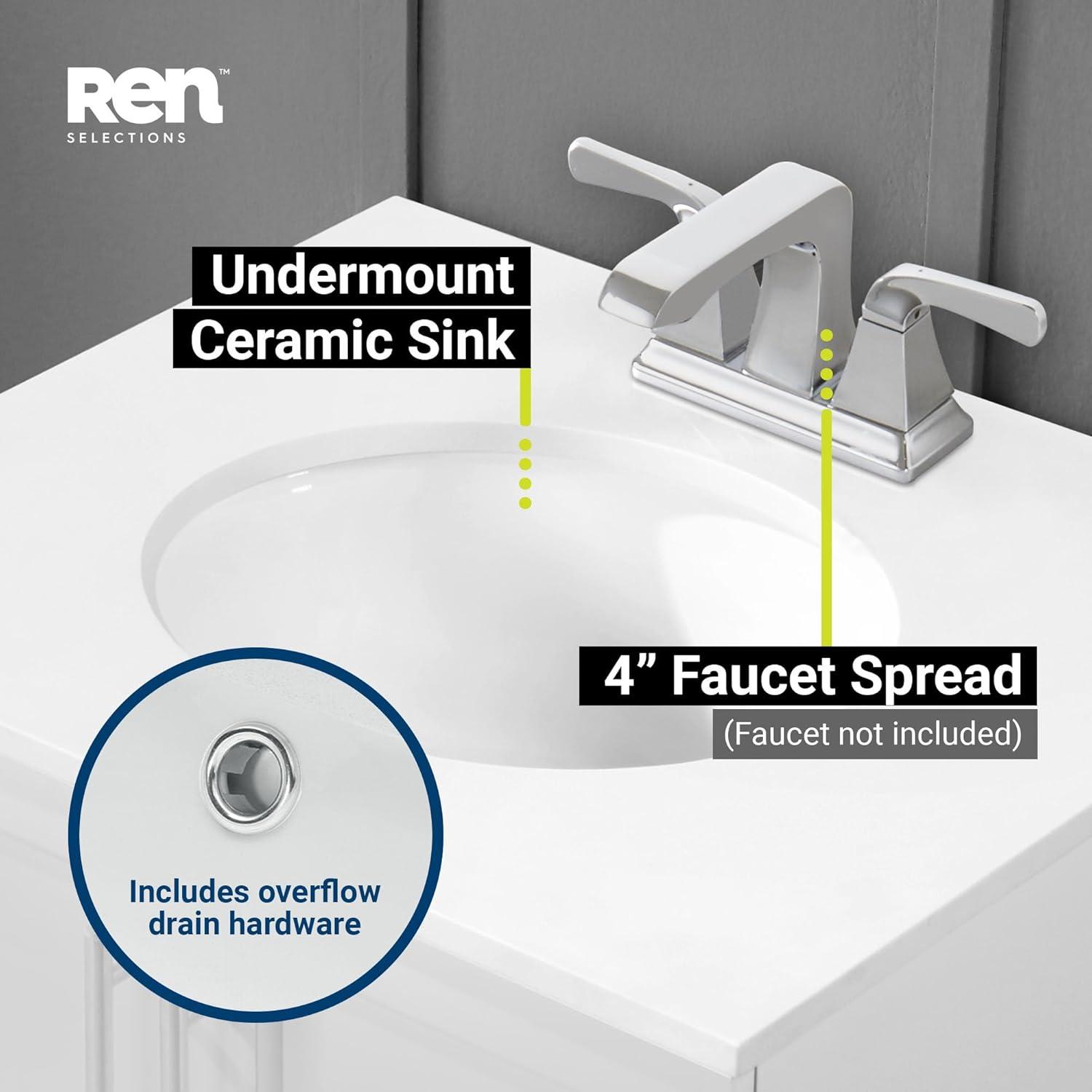 REN Selections Travis 24 in. White Single Bathroom Vanity with Undermount Oval Sink, and White Engineered Stone Countertop Included