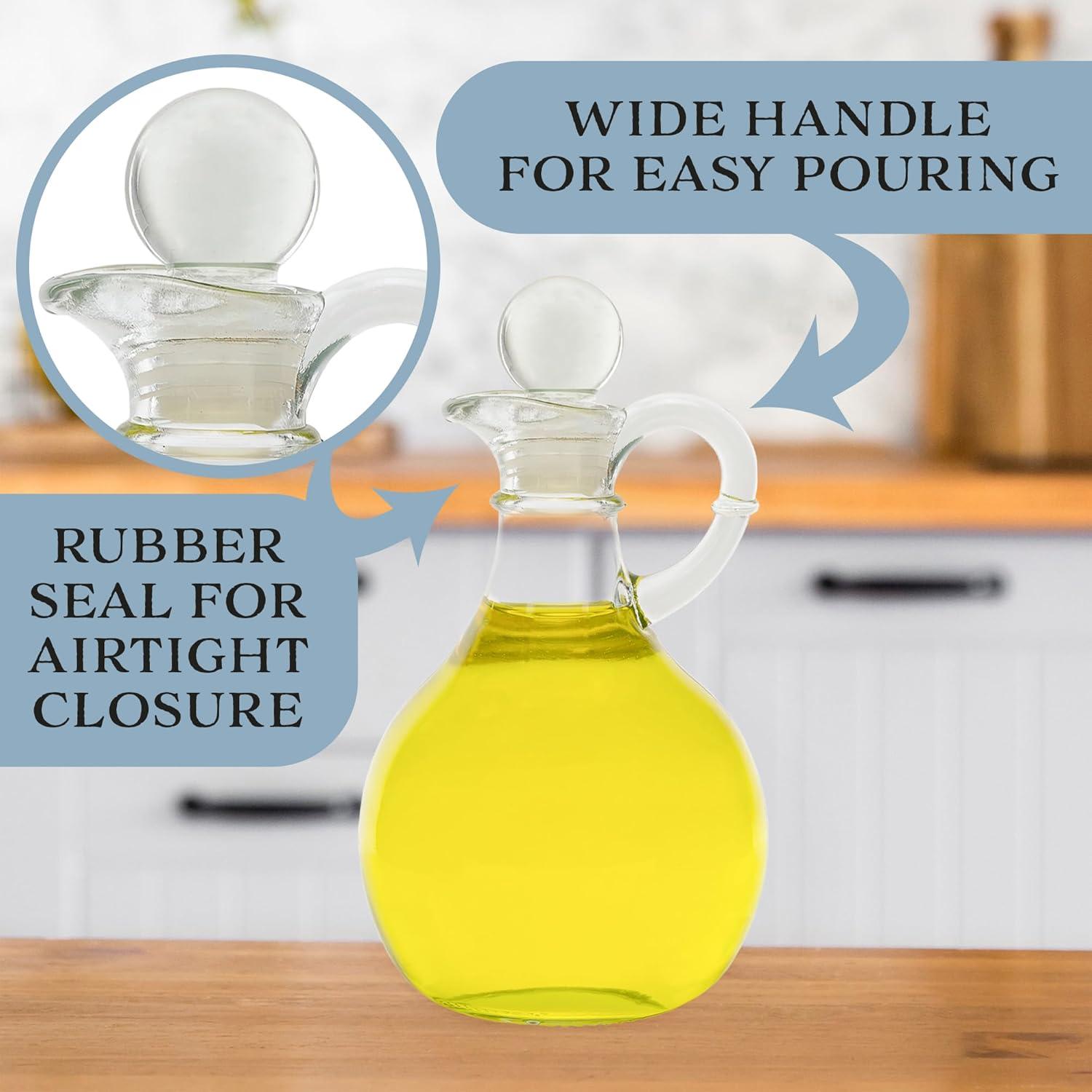 Cornucopia Brands 8oz Glass Oil and Vinegar Cruets (Set of 2); Round Oil Dispensers / Salad Dressing Bottles w/ Stoppers