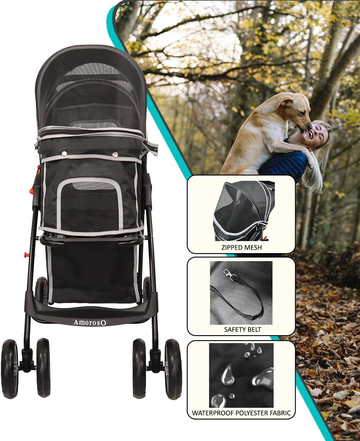 Black Polyester Pet Stroller with Storage Basket