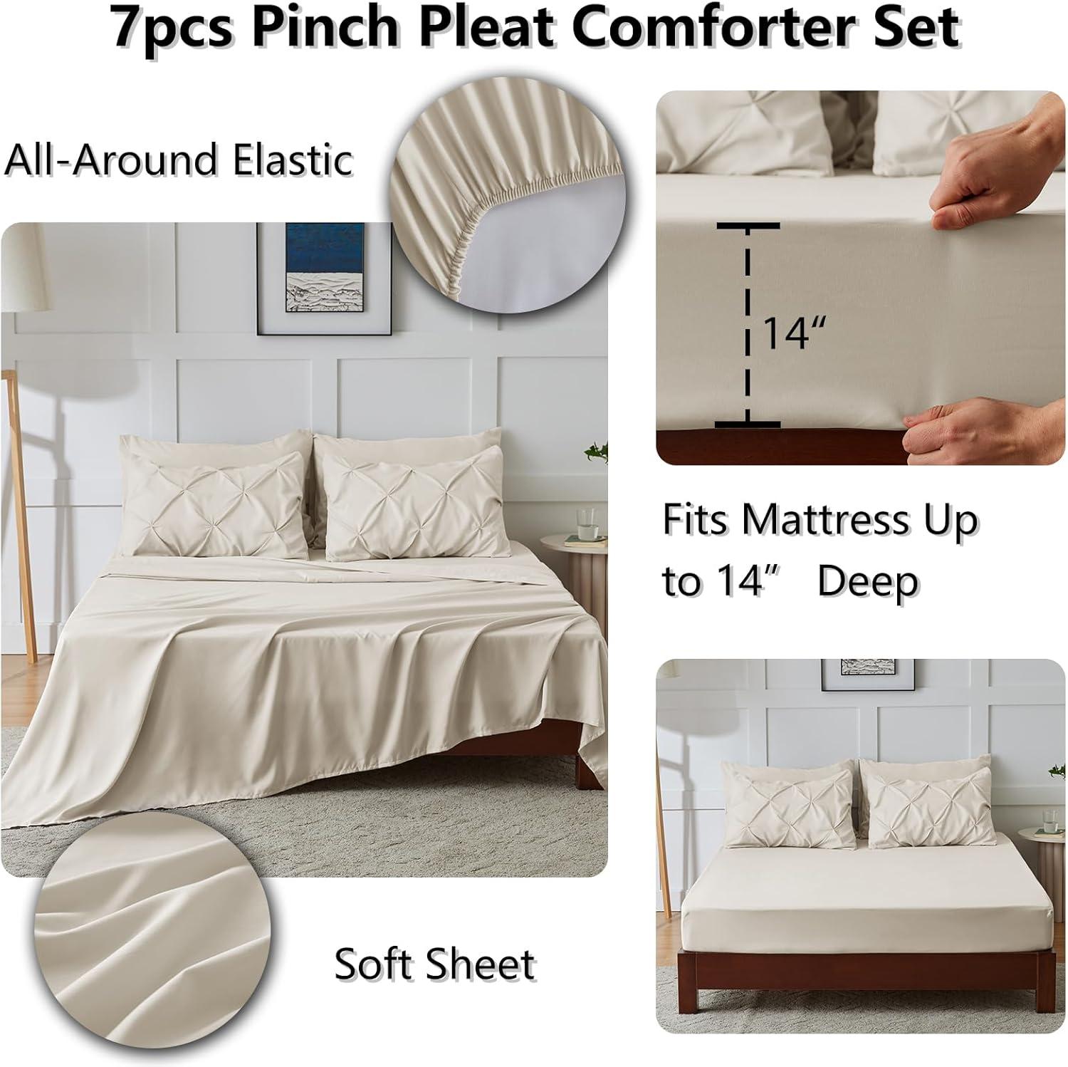 CozyLux Beige Comforter Set Queen 7 Pieces Bed in A Bag Cream Off White Pintuck Comforters Queen Size Pinch Pleat Bedding Sets with All Season Comforter, Flat Sheet, Fitted Sheet and Pillowcases&Shams