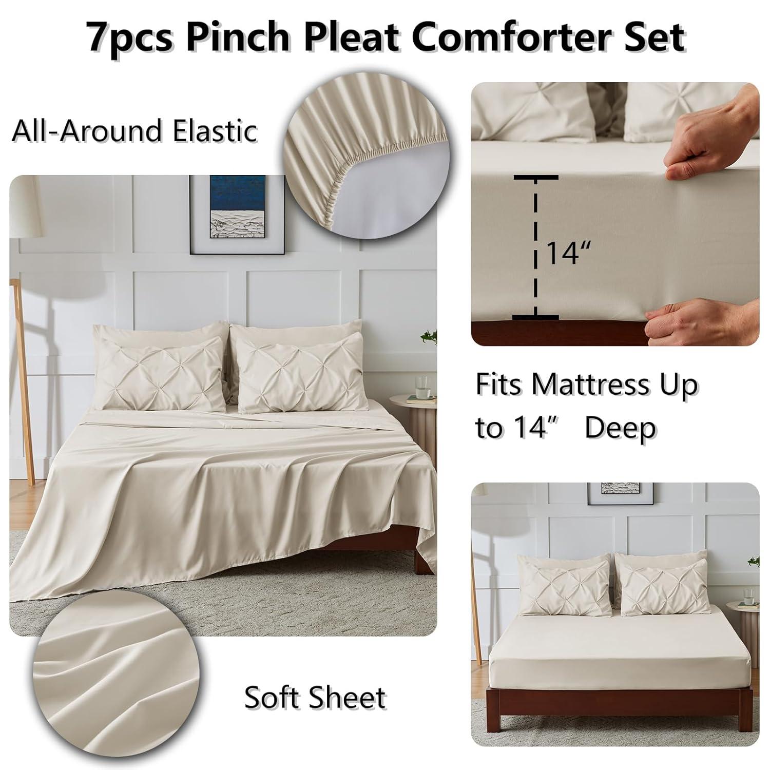 CozyLux Beige Comforter Set Queen 7 Pieces Bed in A Bag Cream Off White Pintuck Comforters Queen Size Pinch Pleat Bedding Sets with All Season Comforter, Flat Sheet, Fitted Sheet and Pillowcases&Shams