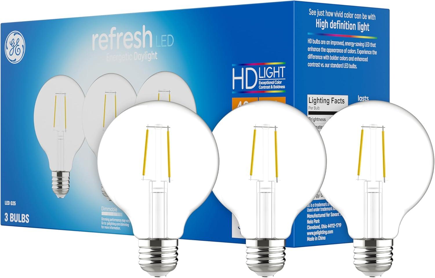 GE 3pk 40W Refresh G25 LED Clear Globe Light Bulbs Daylight: Dimmable, Energy Star, 5000K, 360 Lumens, E26 Base