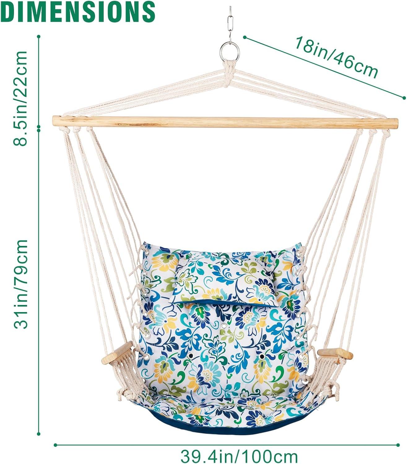 Hanging chair with Pillow & Arms- Extra Padded - Reversible Blue Floral