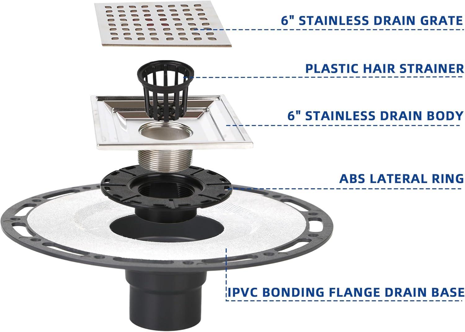 6" Square Brushed Stainless Steel Shower Drain with PVC Flange