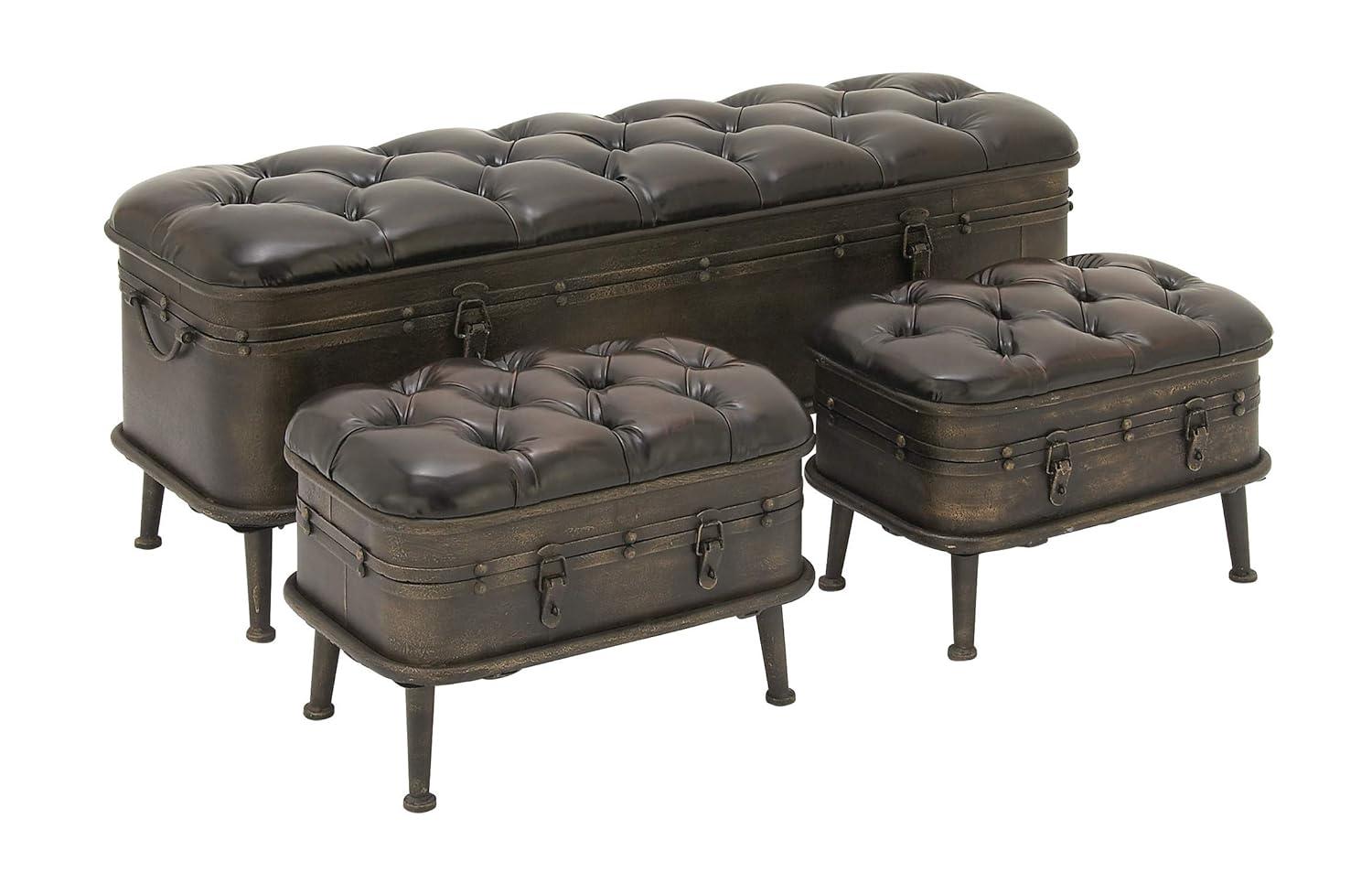 DecMode Metal Storage Bench with Tufted Faux Leather, Brown, Set of 3