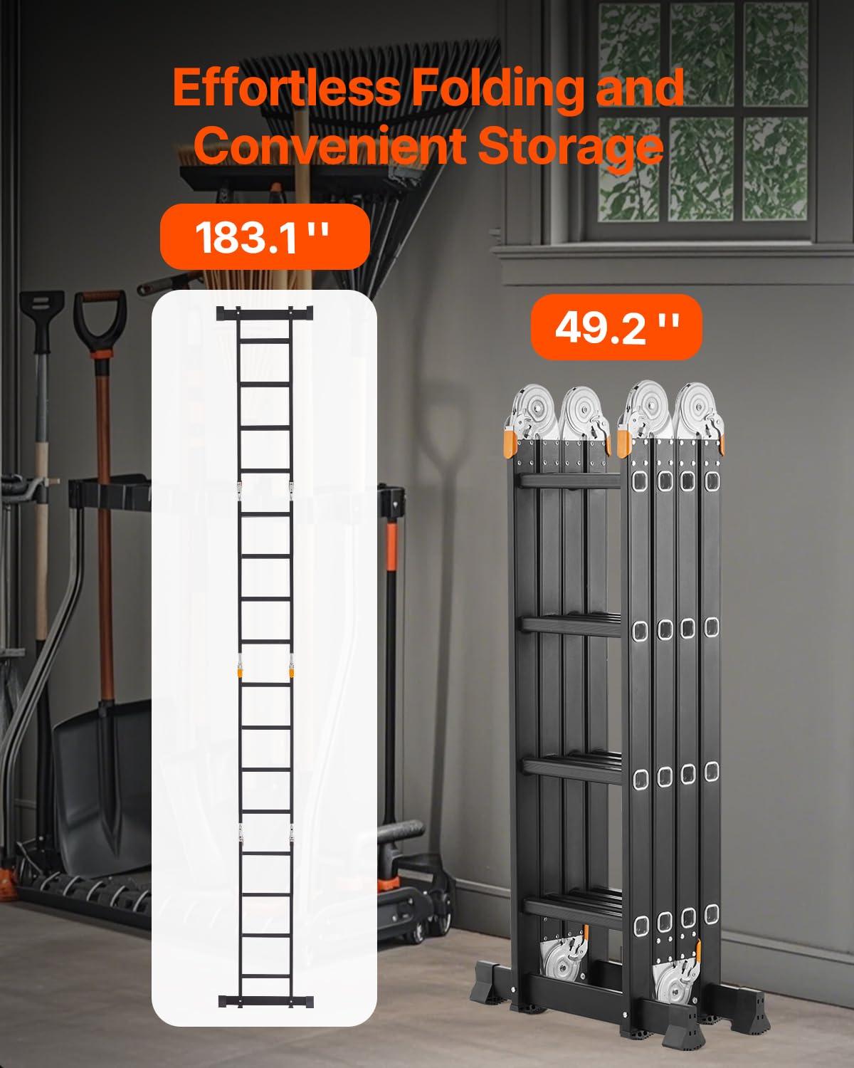 VEVOR Escalera Plegable Multiusos, Escalera de Extensión 7 en 1 de Altura, un Marco de 4 Escalones con Escalera Telescópica con Tablón de Andamio, Altura de Alcance de 15,5 Pies para Trabajo Pesado, Capacidad de 330 Libras para el Hogar Al Aire Libre