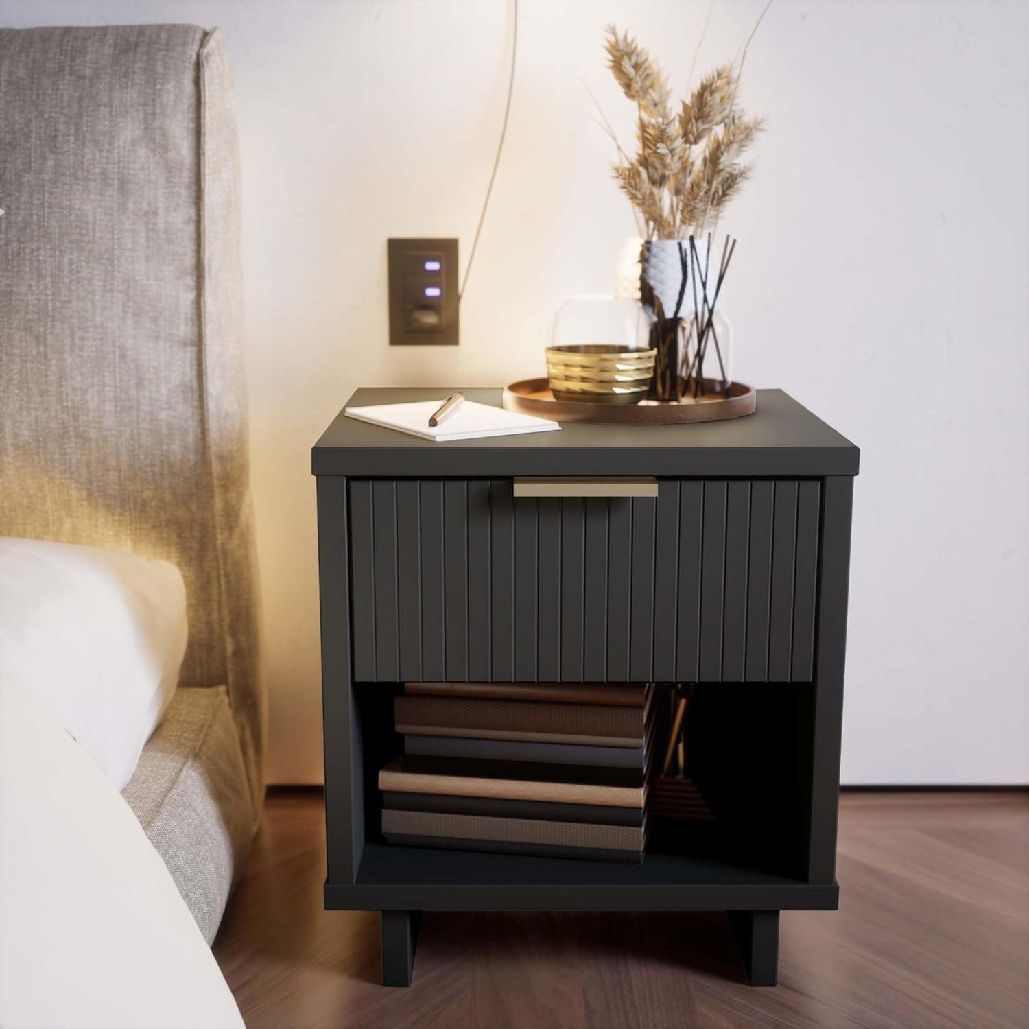 Manhattan Comfort Granville Modern 1 Drawer Nightstand Dark Gray : Bedroom Storage with Shelf, Wood Frame