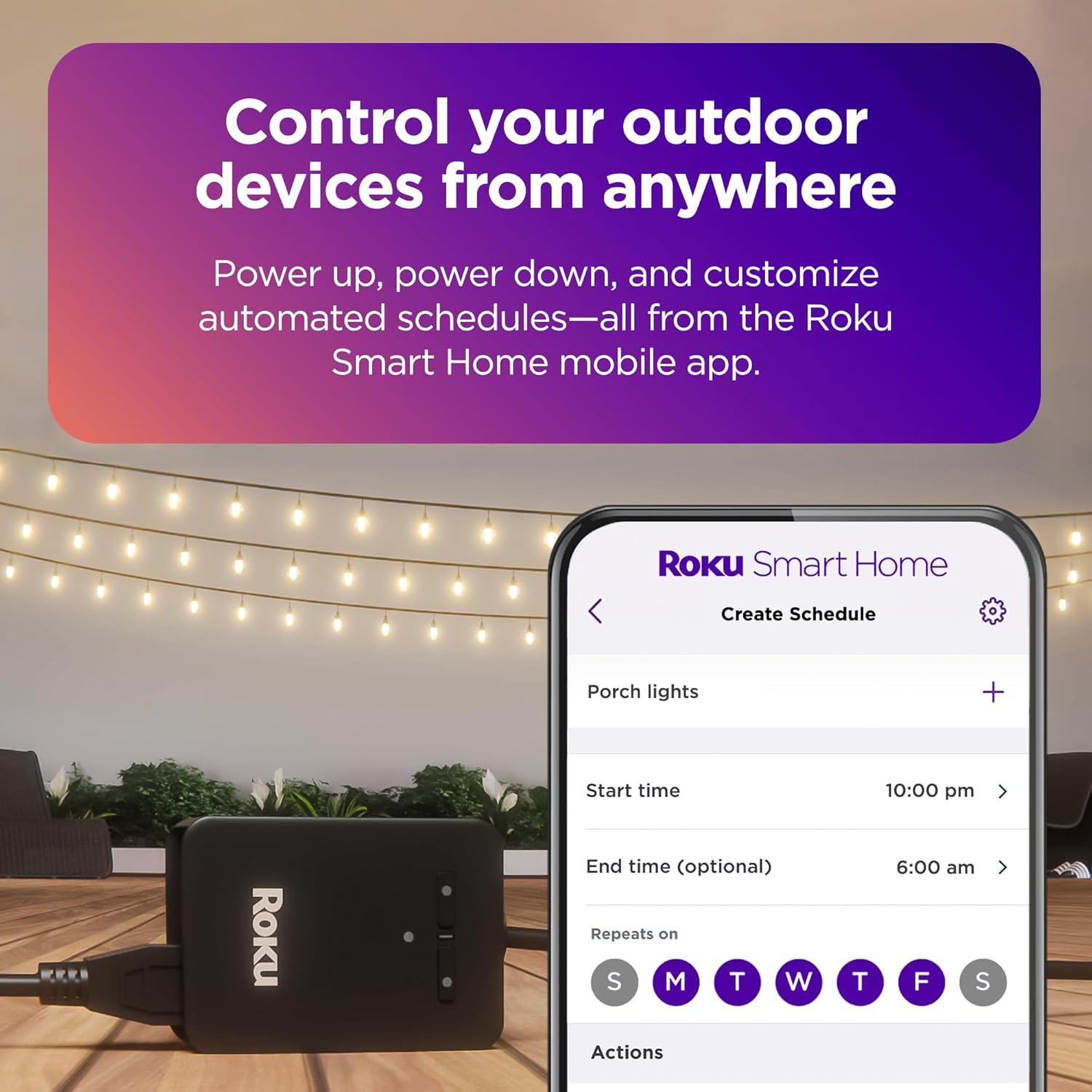 Roku Smart Home Outdoor Smart Plug SE with Custom Scheduling, Independent Outlets, and IP64 Weather Resistance - 15 Amps