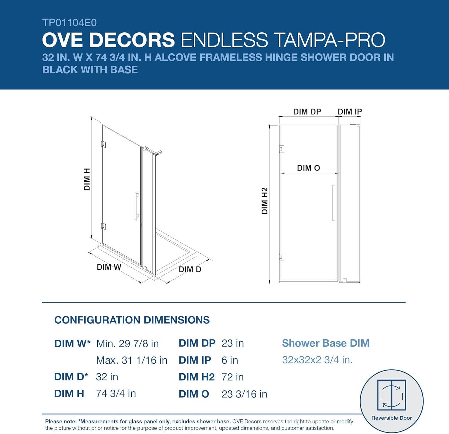 Endless Tampa-Pro 32.01'' W 72.01'' H Frameless Rectangle Reversible Shower Kit