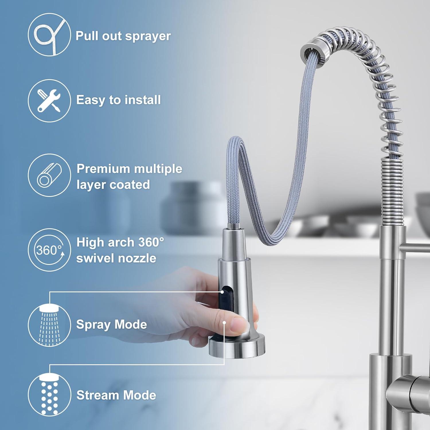 Coliware Kitchen Sink Faucet Brushed Nickel with Pull Down Sprayer, Stainless Steel Spring Kitchen High Arc Commercial Faucets with Deck Plate 1 or 3 Hole