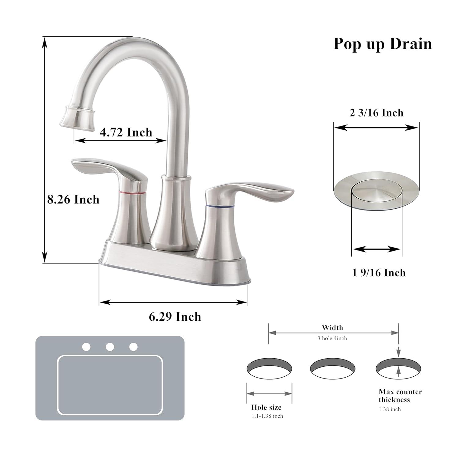 Brushed Nickel Bathroom Faucet, 2-Handle Lead-Free 360° Swivel High-Arc Spout 4 Inch Centerset Bath Lavatory Vanity Sink Faucets Set for Sinks with Drain & Water Hoses, VABM80008L