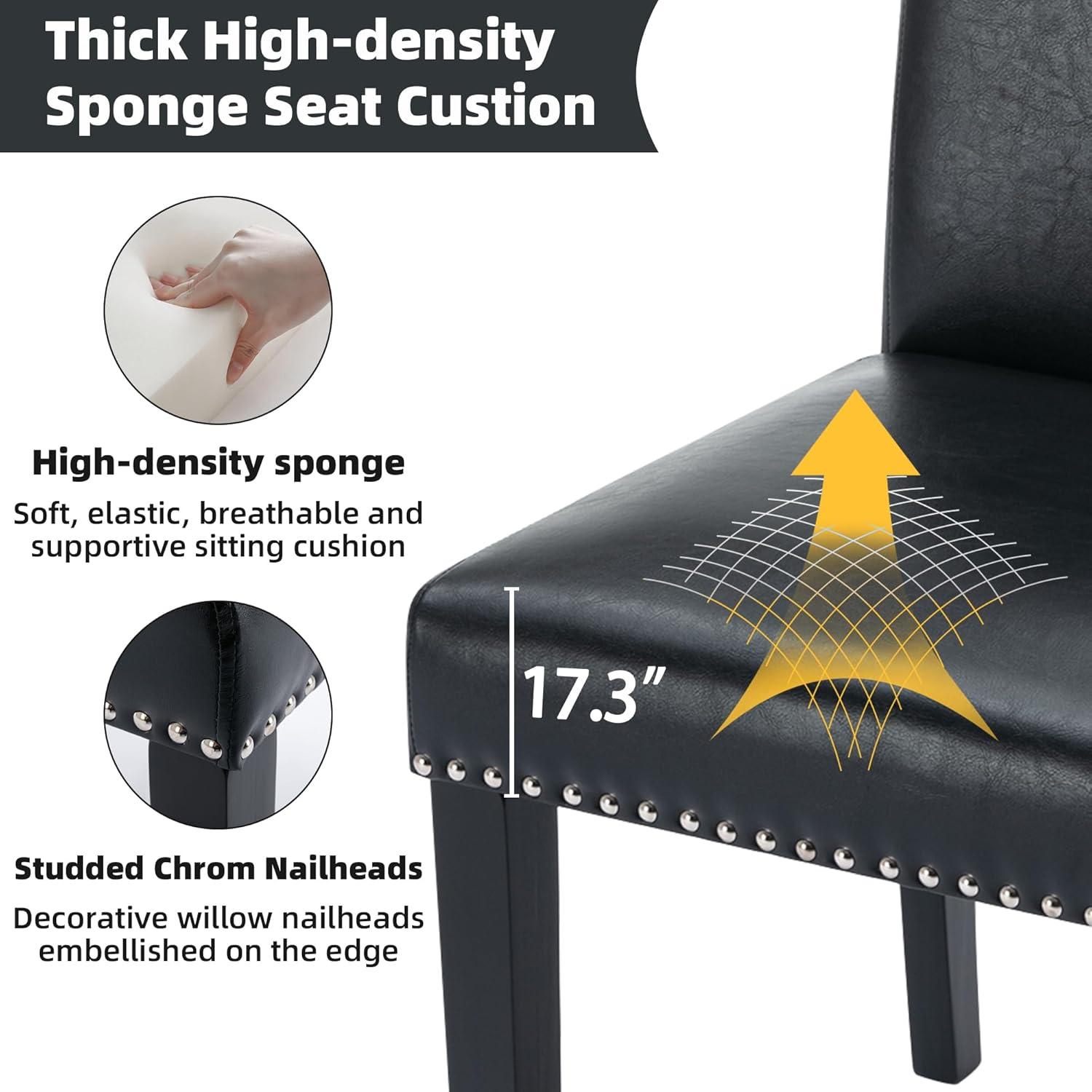 Colamy Black Upholstered Wood Legs Parsons Leather Dining Chairs with Nail head Trim Set of 2 for Dining Room