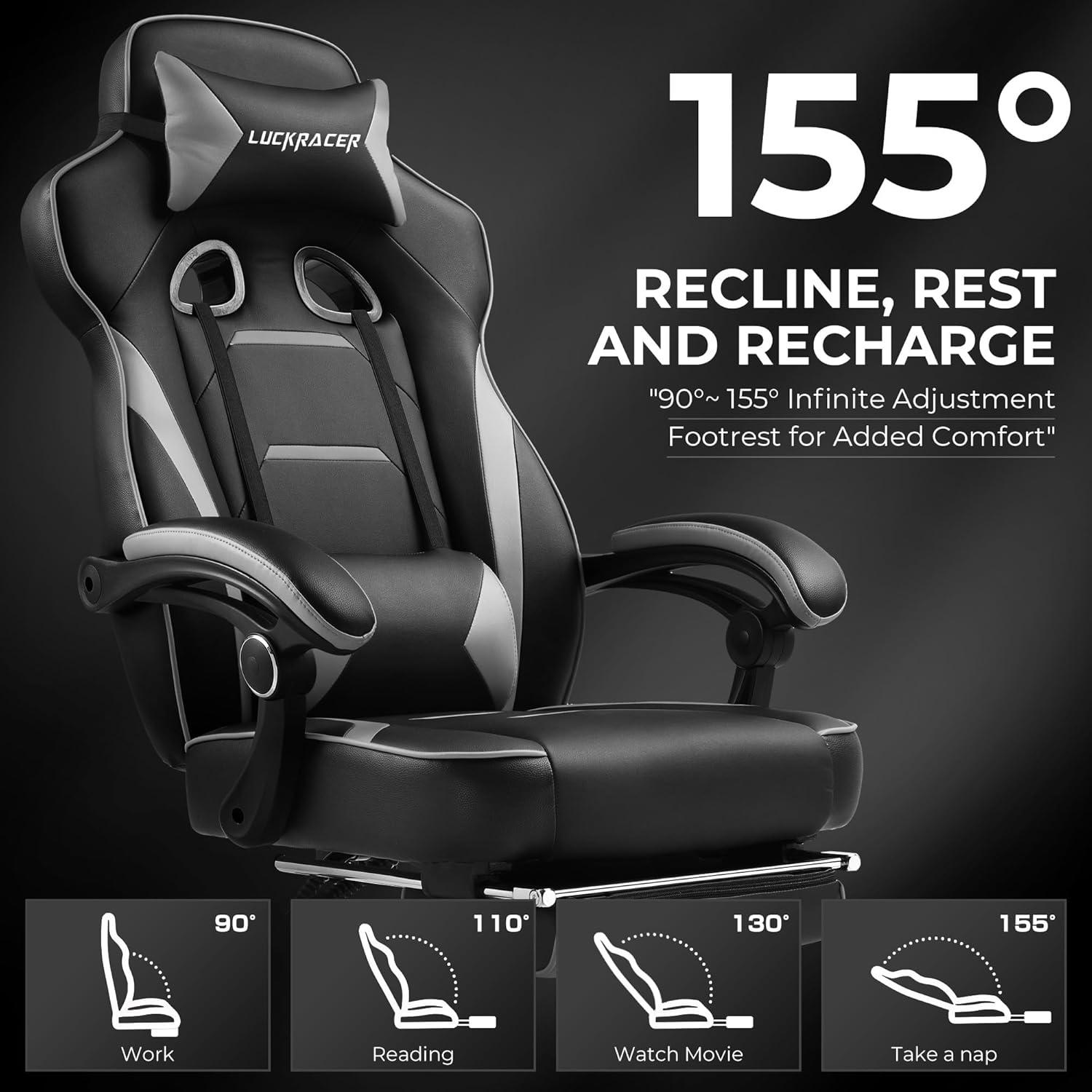 GTPLAYER Gaming Chair with Footrest, Big and Tall Game Chair 350lb Racing Style Computer Chair, Ergonomic Executive Office Chair High Back with Lumbar Support and Recliner, Gray