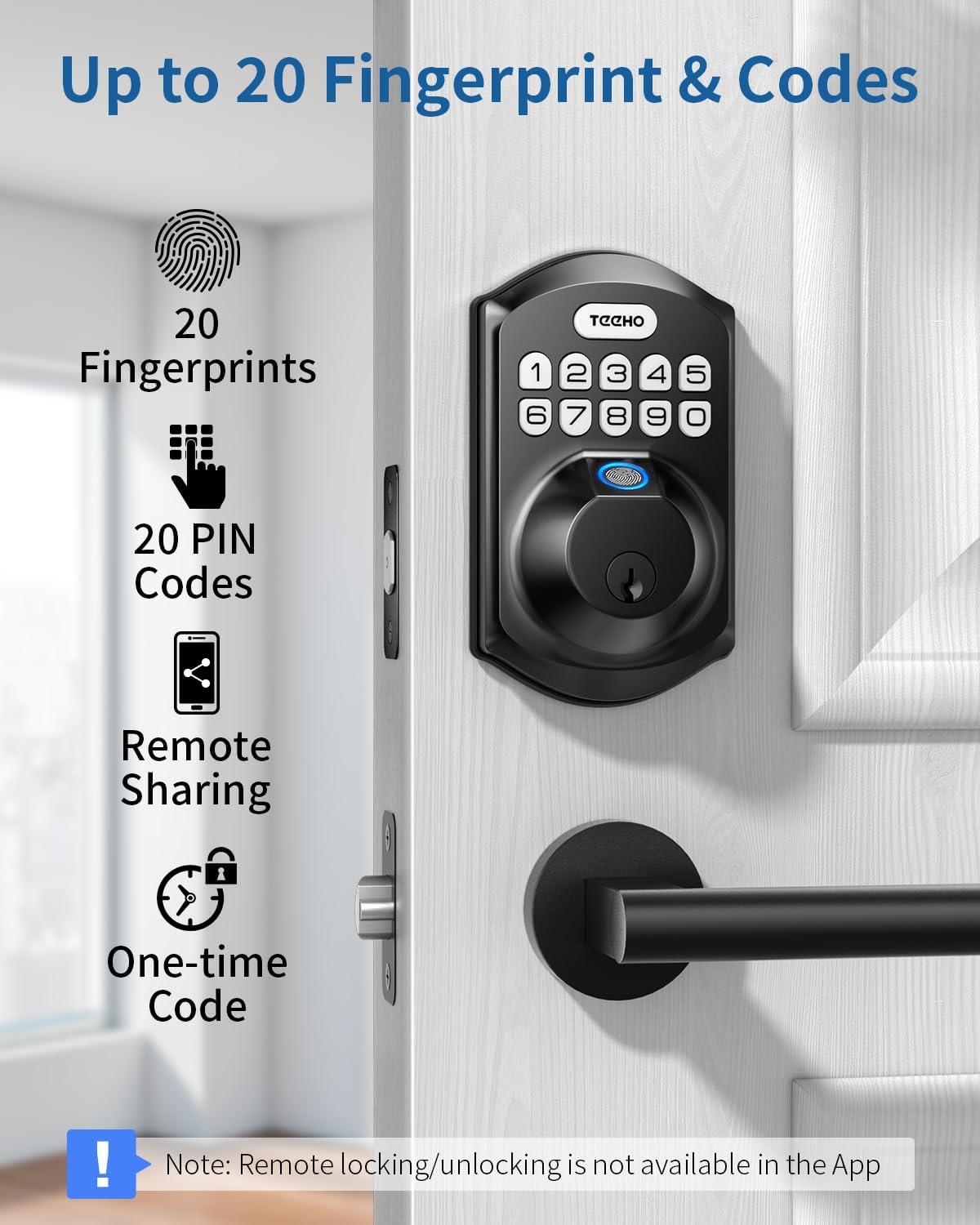 TEEHO Fingerpint smart lock, Keyless Entry Door Lock,  Digital Deadbolt Lock for Front Doors, Remotely Share PIN Code, Easy Installation-Matte  Black