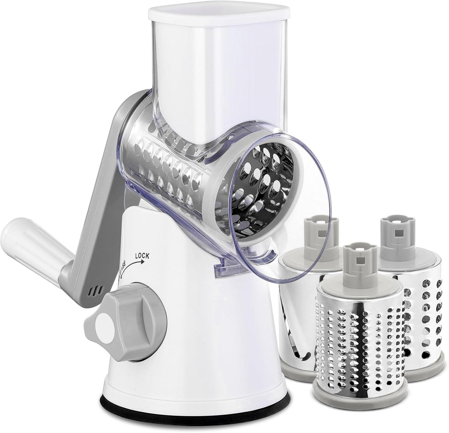 White Rotary Cheese Grater with Ergonomic Handle and 3 Stainless Steel Blades