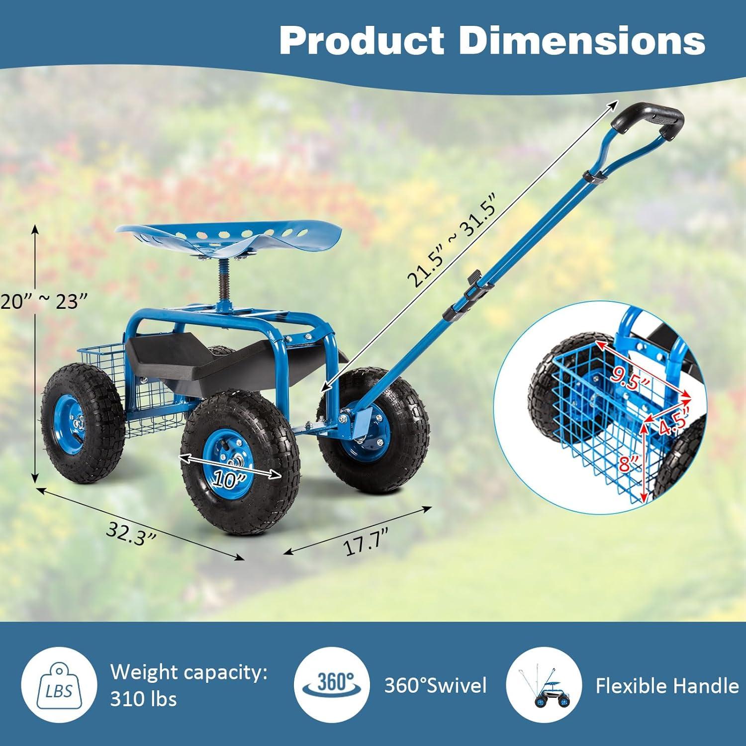 Rolling Garden Cart Scooter Stool - Garden Seat with Wheels Garden Cart with Seat, Adjustable Handle 360 Degree Swivel (Blue)
