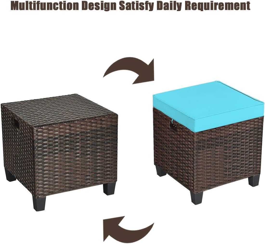 Costway 2PCS Patio Rattan Ottoman Cushioned Seat w/ Foot Rest Turquoise
