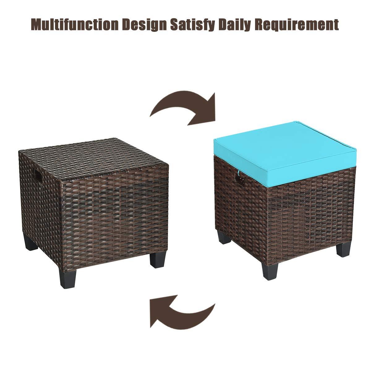 Costway 2PCS Patio Rattan Ottoman Cushioned Seat w/ Foot Rest Turquoise