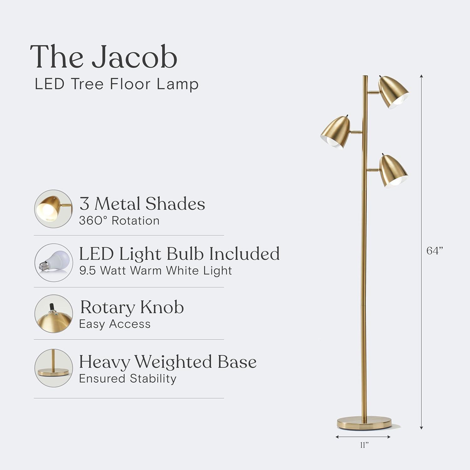 Jacob 64 in. Mid-Century Modern 3-Light Adjustable LED Floor Lamp with 3 Metal Cone Shades