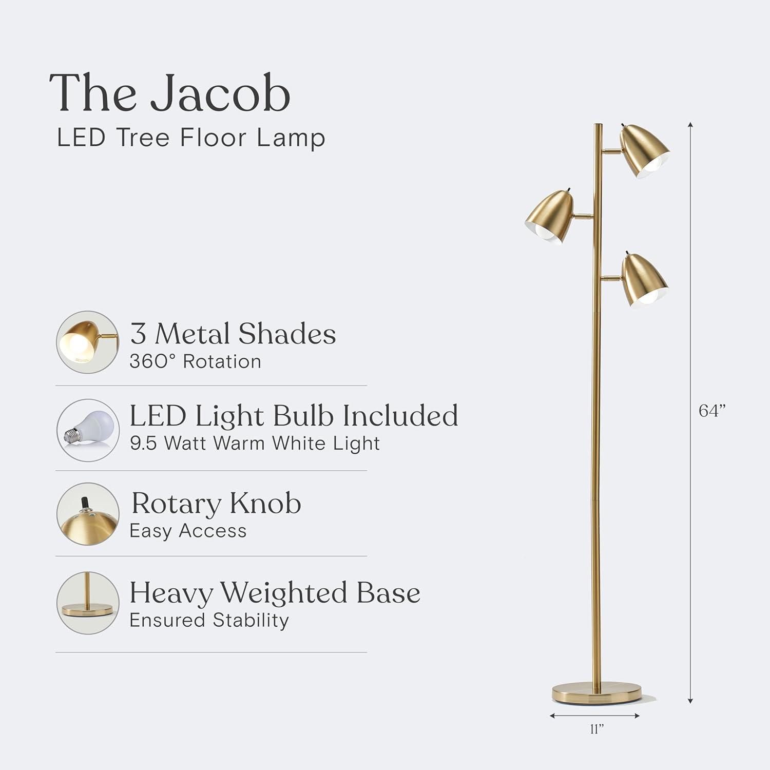 Brightech Jacob 64" Modern 3-Light Adjustable LED Floor Lamp with Gold Brass Finish and Metal Cone Shades, Bulbs Included