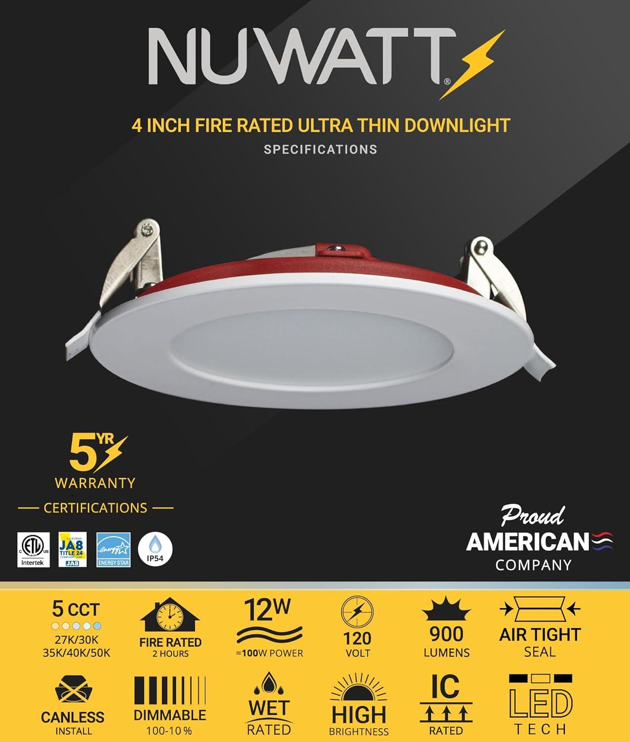 4 in. 2 HOUR Fire Rated Slim Canless LED Recessed Light 12W 5CCT 27K-50K Dimmable IC Rated 6PK
