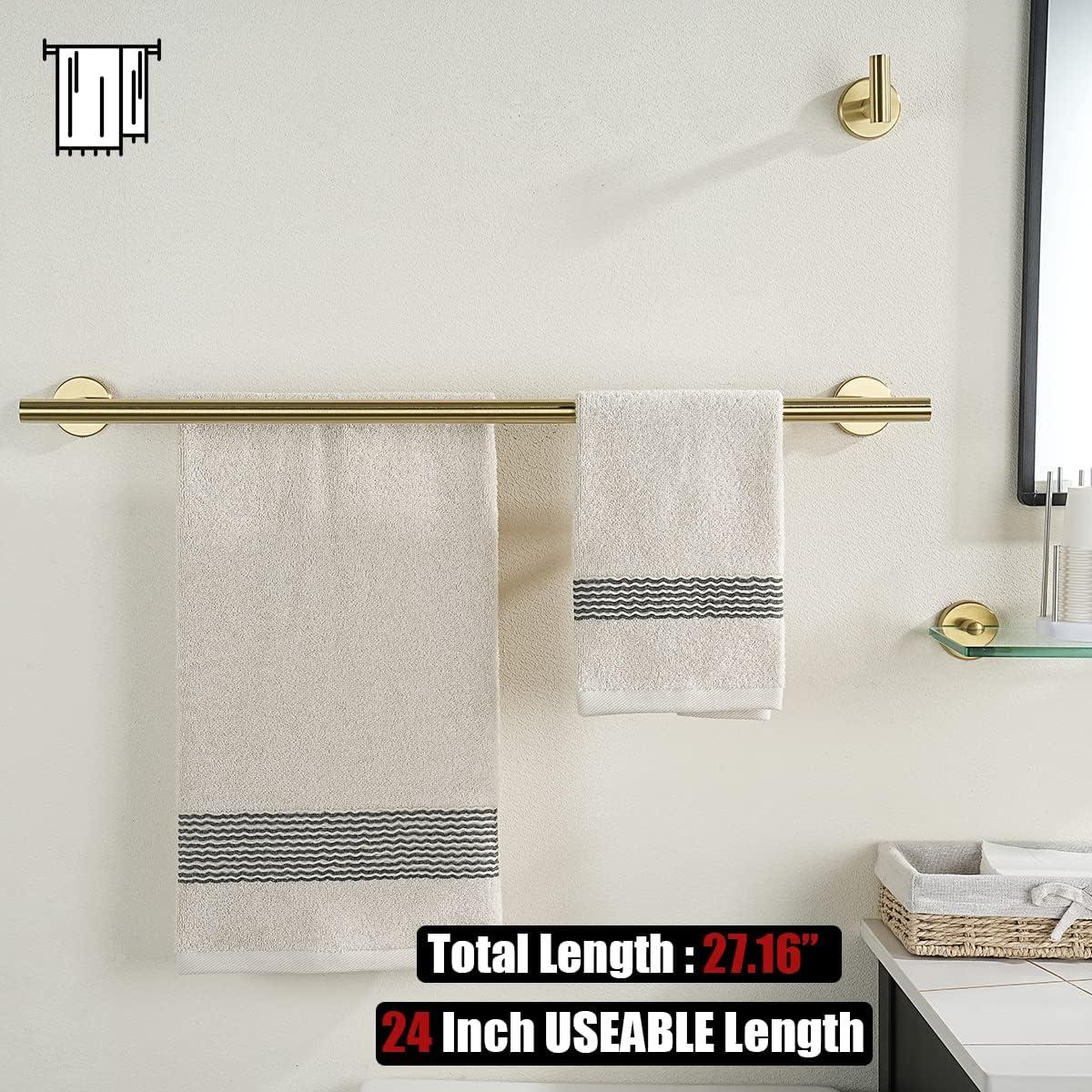 Bathroom Hardware Set Gold, 5-Piece Bath Accessories Set Brushed Gold Wall Mount includes 24 in Towel Bar, 7 in Towel Ring, Toilet Paper Holder, 2 Towel Hooks, BAS165-BG