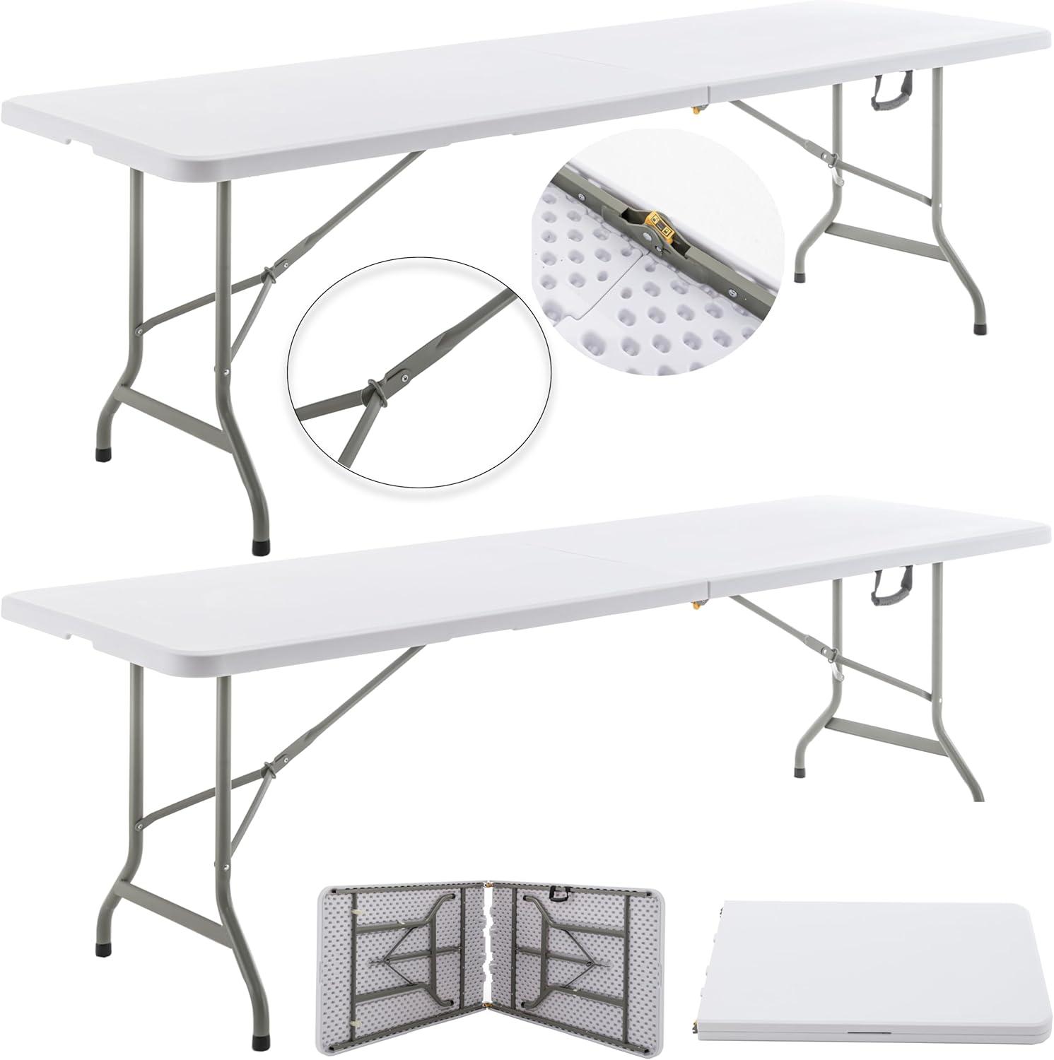 96" White Plastic Folding Table with Steel Frame for Indoor Outdoor Use