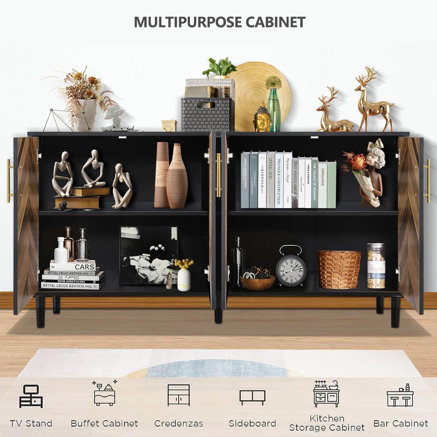 Accent Cabinet, Black Storage Cabinet with Doors Mid Century Modern Sideboard Buffet Cabinet with Storage Shelves Small Wood Accent Cabinets for Living Room Entryway Office, Brown Herringbone