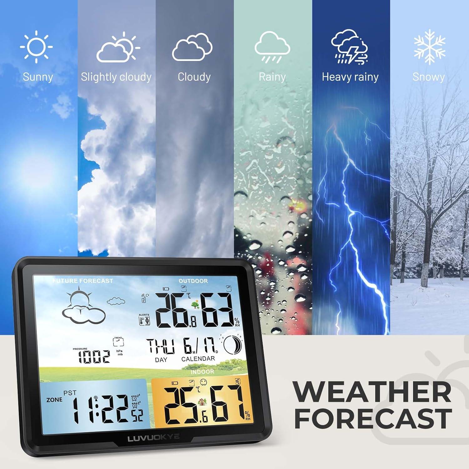 Weather Station Wireless Indoor Outdoor Thermometer, Color Display Digital Thermometer Humidity Monitor with Atomic Clock, Forecast Station with Calendar and Adjustable Backlight for Home