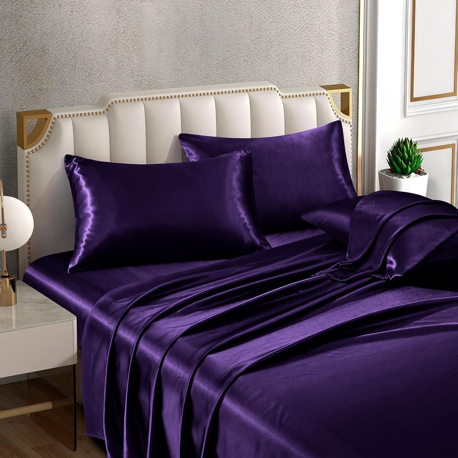 Hight Thread Count Solid Color Soft Silky Charmeuse Satin Luxury and Super Soft Bed Sheet Set (Purple, Queen)