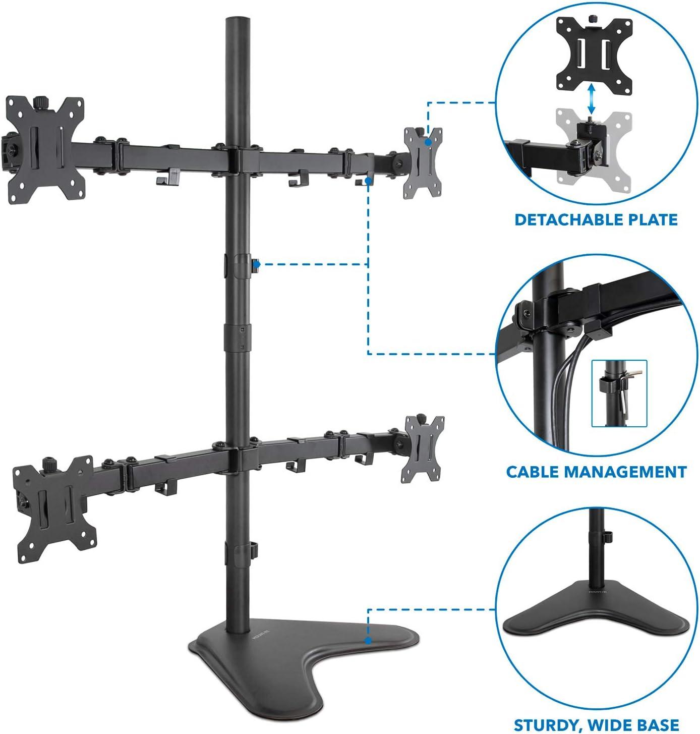 Mount-It! Quad Monitor Stand, Height Adjustable Free Standing 4 Screen Mount Fits Monitors up to 32 Inches, Black, Steel