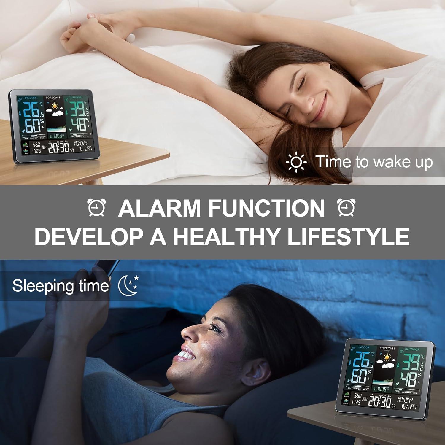 Weather Station Wireless Indoor Outdoor with Sensors Color Display Digital Weather Forecast Temperature Humidity Monitor Alarm Clock Electronic Sunrise Sunset Time Adjustable Backlight for Home Wall
