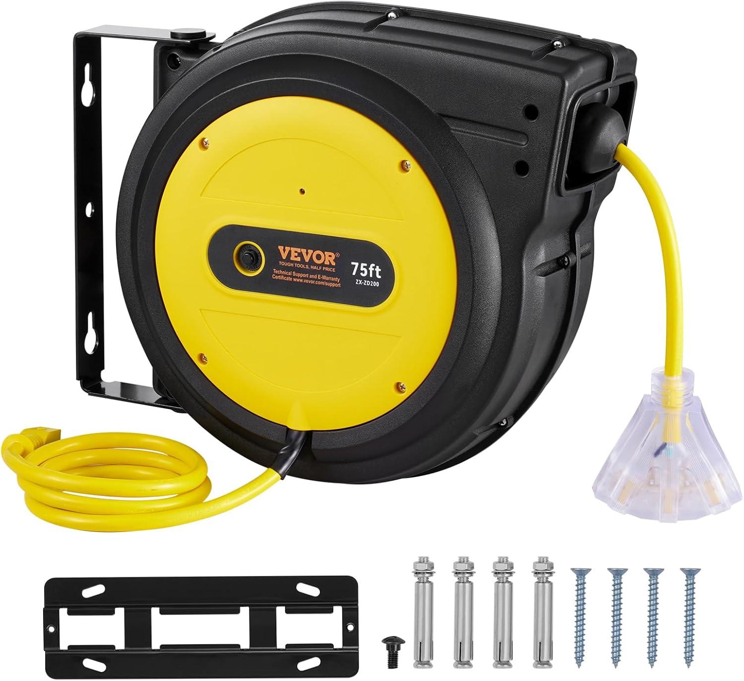 Yellow and Black 75FT Retractable Extension Cord Reel with Triple Tap Outlets