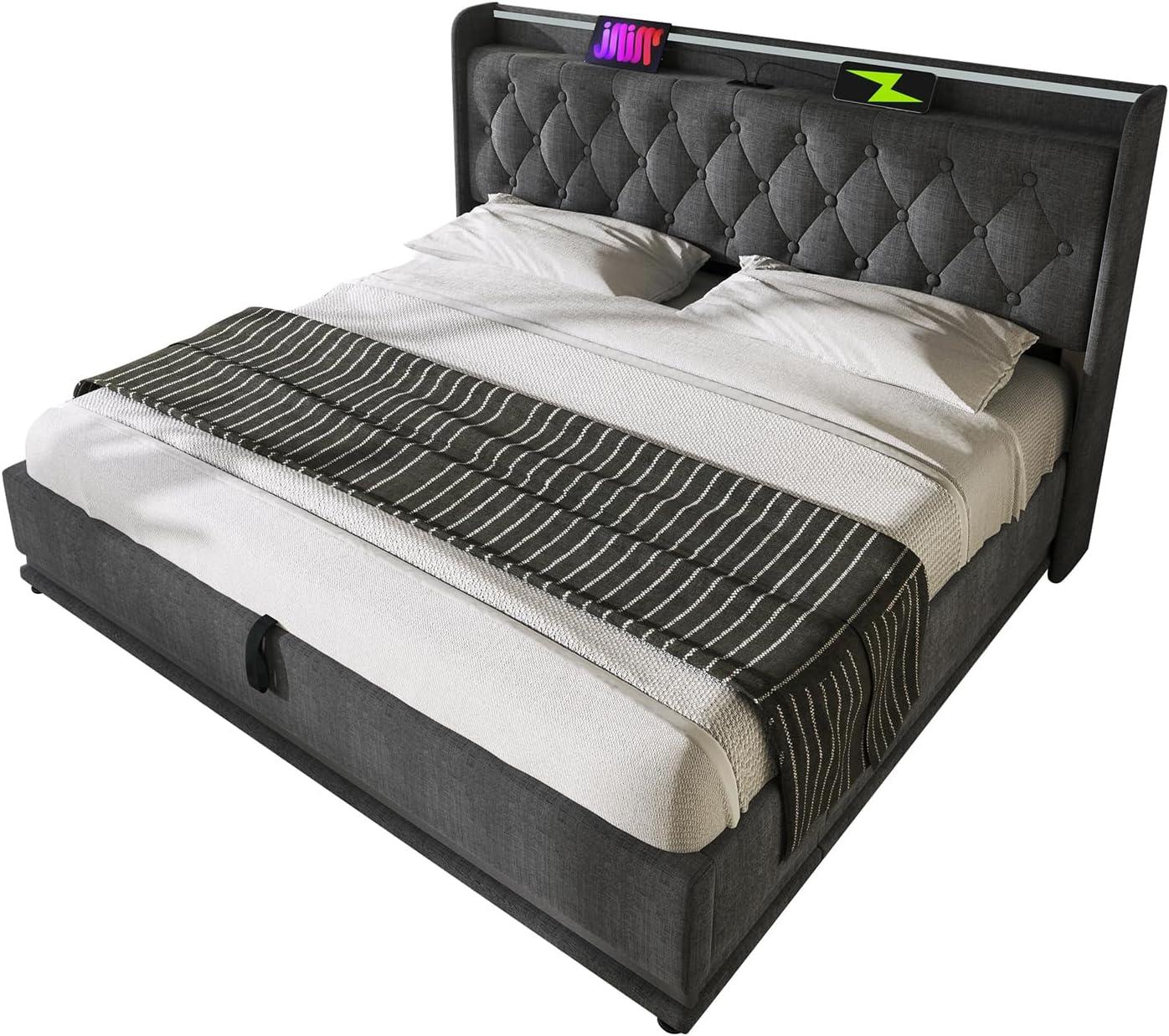 King Size Lift up Storage Platform Bed with 360 Degree Surround LED Light, Bedroom Upholstered Hydraulic Smart Bed Frame, No Noise, No Spring Mattress Required, Easy to Assemble (Gray, King)