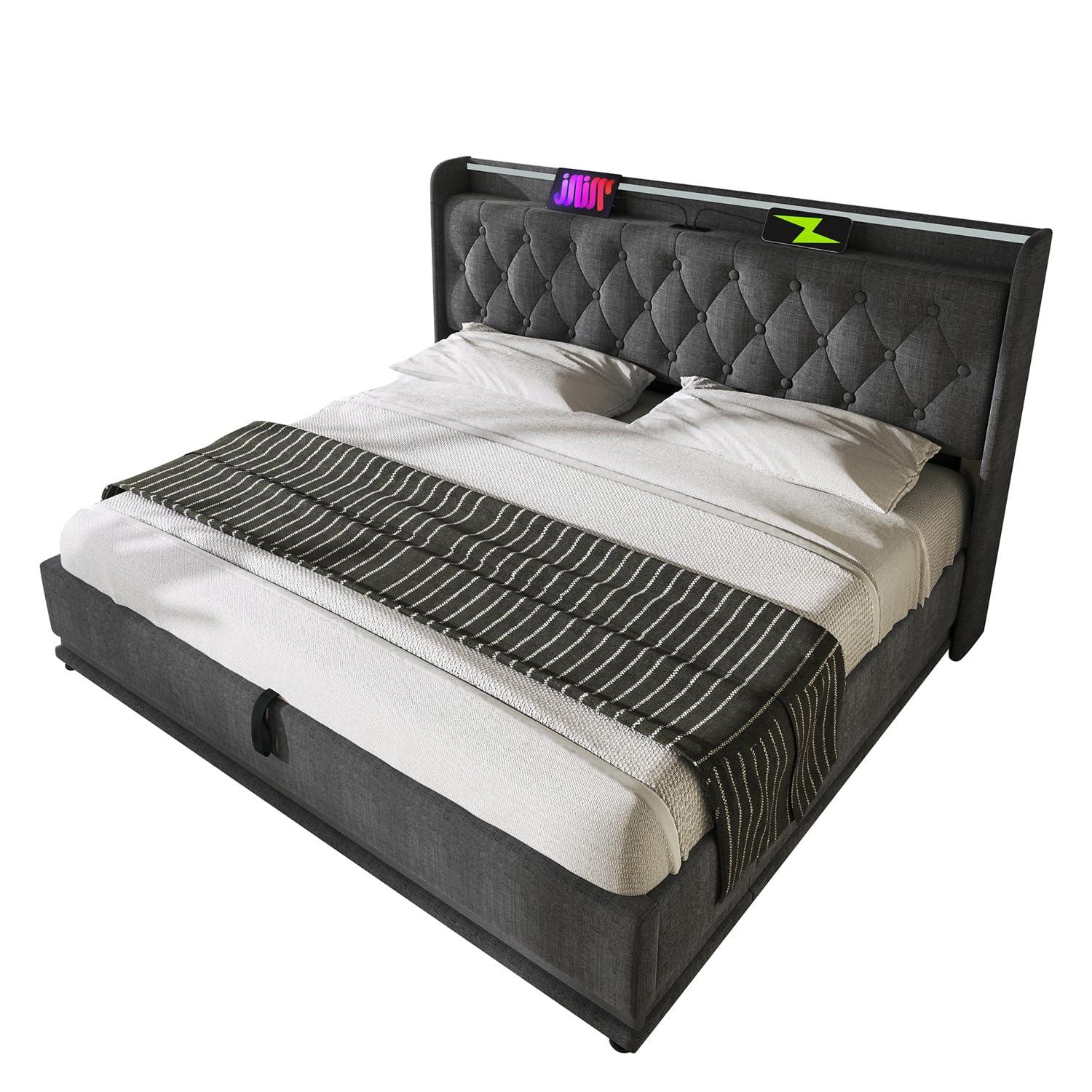 King Size Lift up Storage Platform Bed with 360 Degree Surround LED Light, Bedroom Upholstered Hydraulic Smart Bed Frame, No Noise, No Spring Mattress Required, Easy to Assemble (Gray, King)