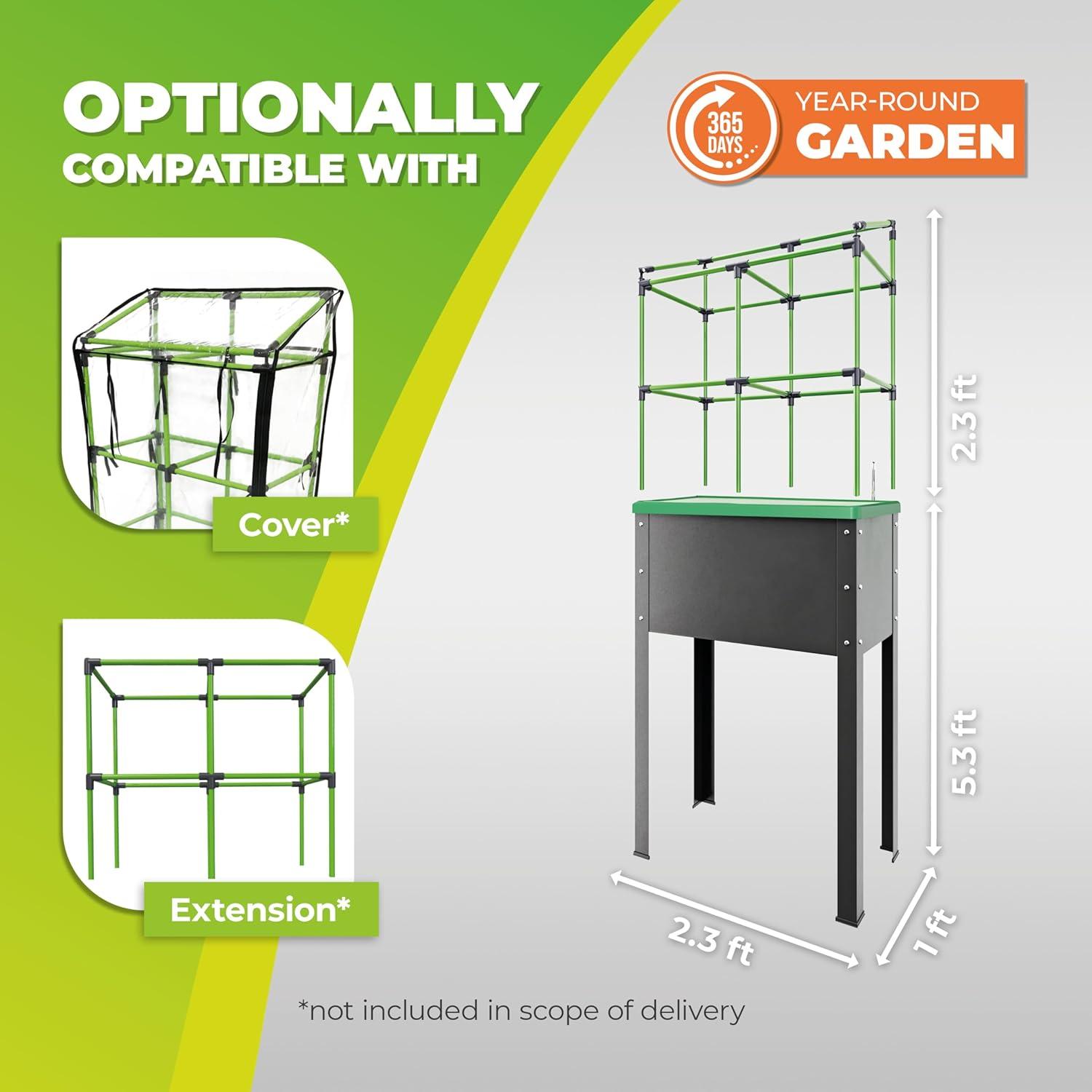 Modern Green and Black Metal Raised Garden Bed with Trellis