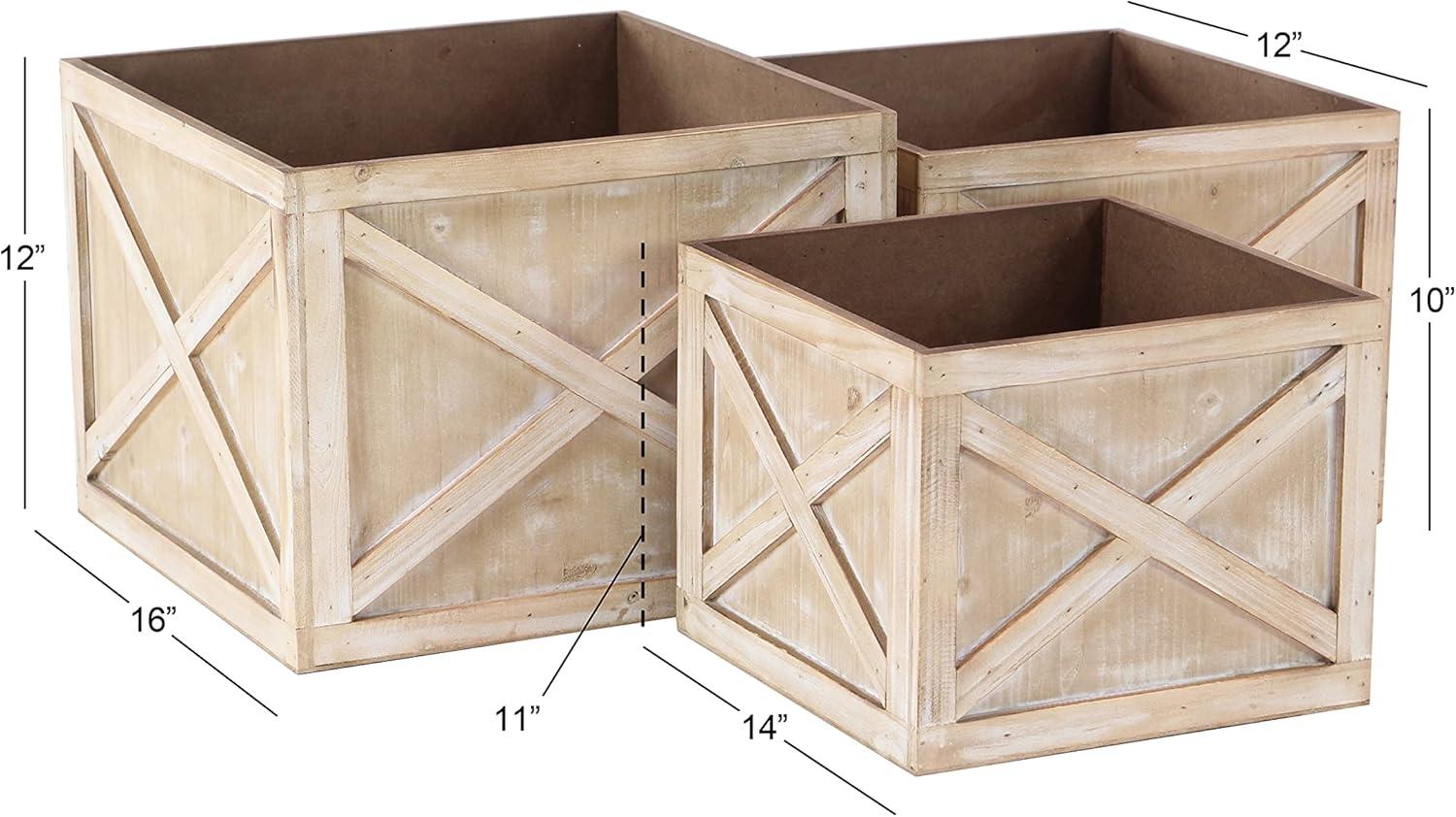 Light Brown Solid Square Wooden Planters Set of 3 for Indoor/Outdoor