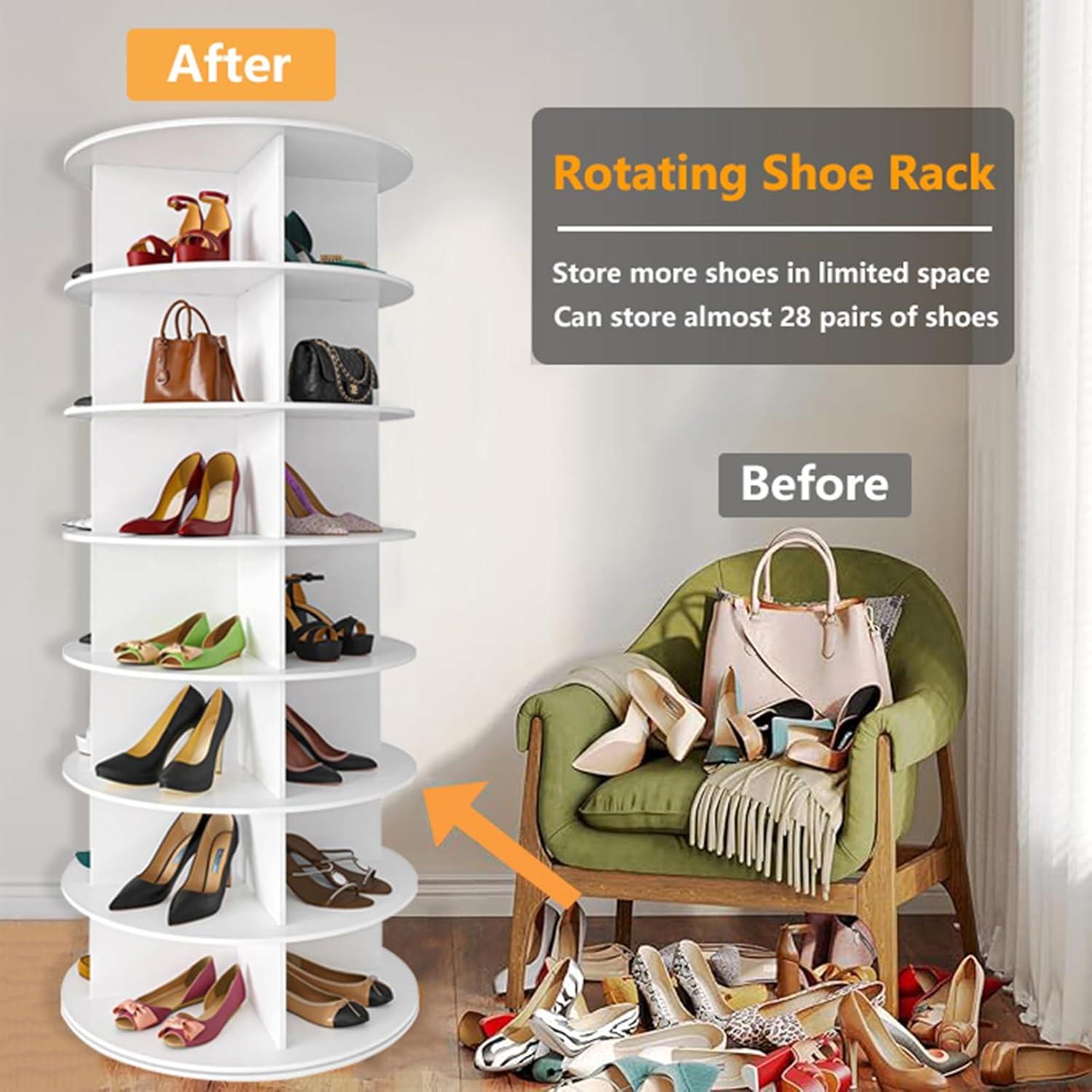 7 Tier Rotating Shoe Rack Tower, Revolving Shoe Rack Storage, Round Carousel Vertical Handbag and Shoe Organizer ,White-SpaceAid®