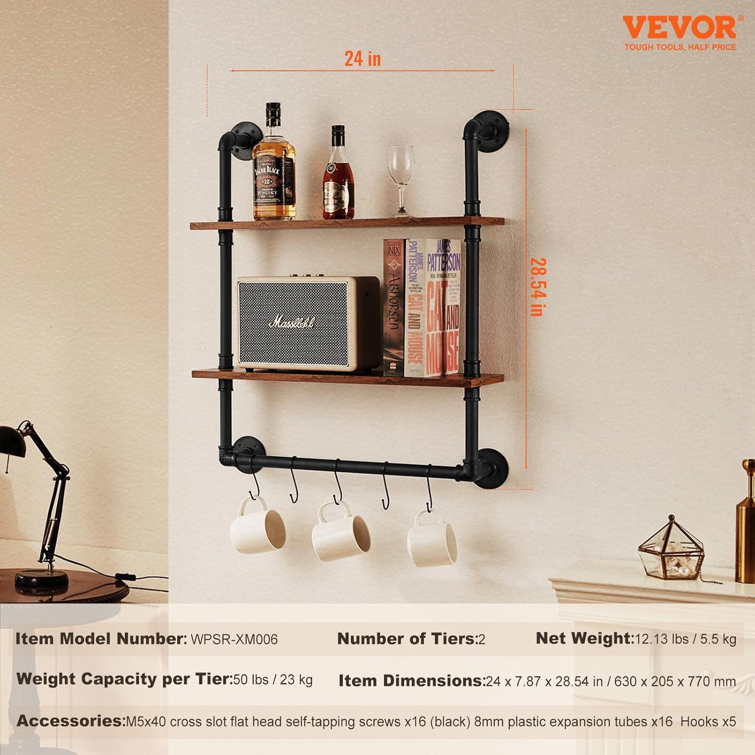 Williston Forge Industrial Pipe Shelf 2 Tier 24x7.87in Wall-Mount for Kitchen Bedroom