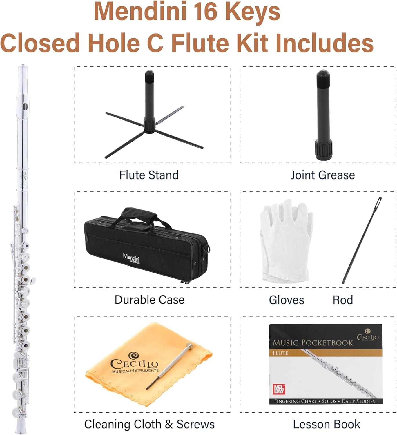Mendini By Cecilio Flute, 16 Keys C Flute Instrument Closed Hole For Beginners with Carrying Case, Cork Grease, Stand, Lesson Book, Cleaning Kit, Gloves (Black)