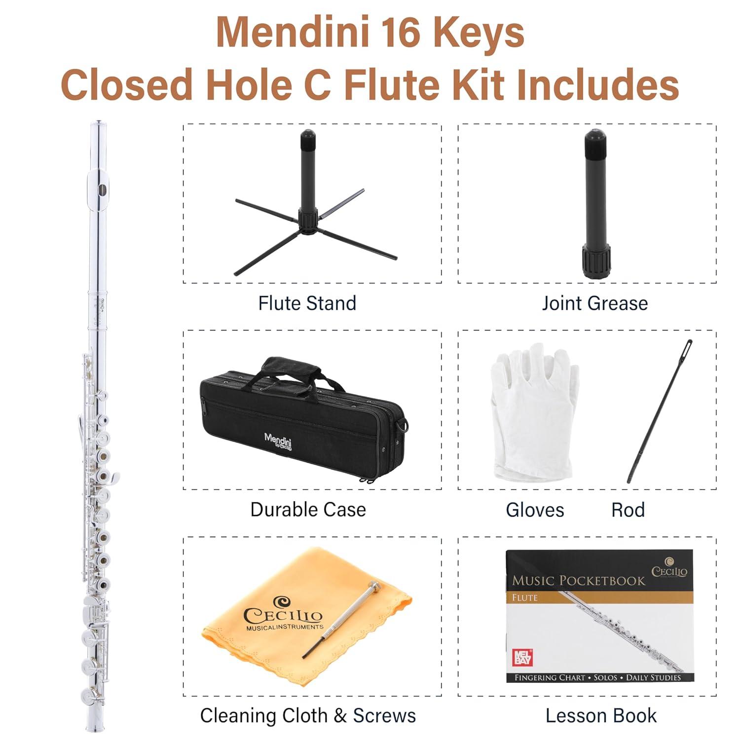 Mendini By Cecilio Flute, 16 Keys C Flute Instrument Closed Hole For Beginners with Carrying Case, Cork Grease, Stand, Lesson Book, Cleaning Kit, Gloves (Black)