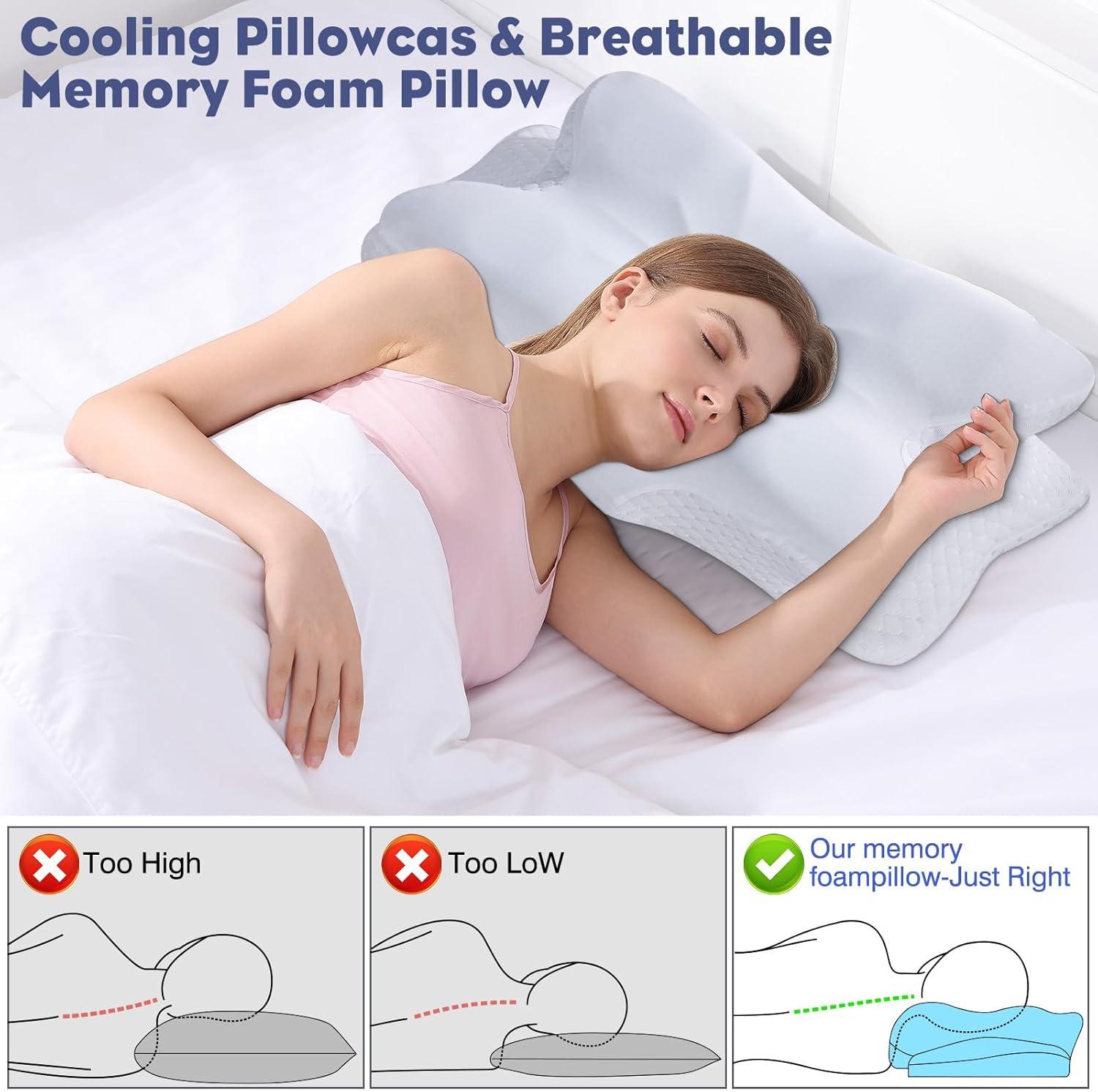 Cervical Neck Pillow - Memory Foam Pillow for Neck Support and Pain Relief, Ergonomic Contour Pillow for Side Back and Stomach Sleepers, Soft and Cooling Ice Silk Washable Pillowcase