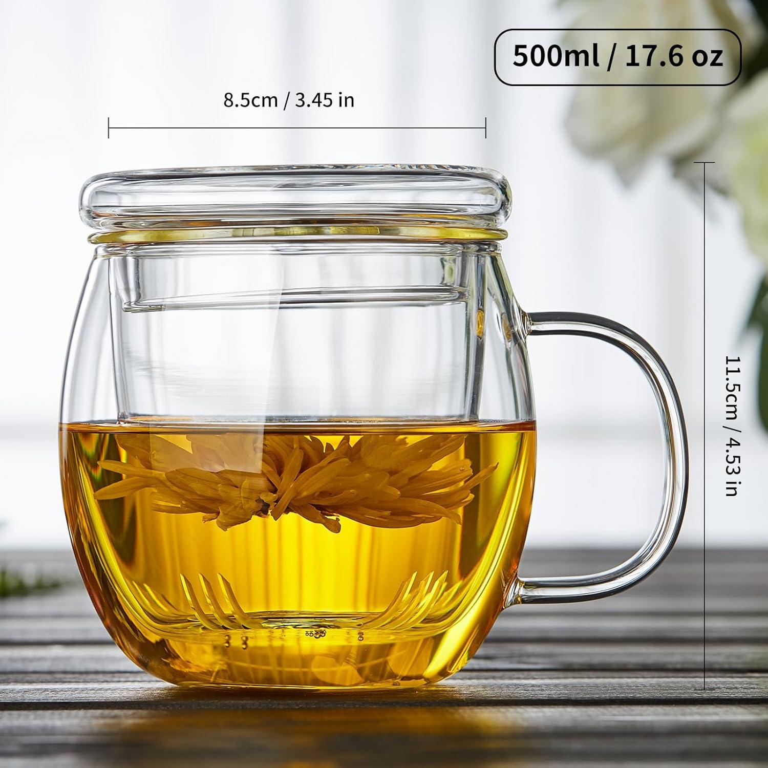 Glass Tea Cup with Infuser and Lid, 17OZ Large Borosilicate Glass Tea Cup with Strainer,Clear Glass Tea Mugs for Loose Leaf Tea,Blooming Tea,Tea Bag,Tea Cute Mushroom, Christmas gift