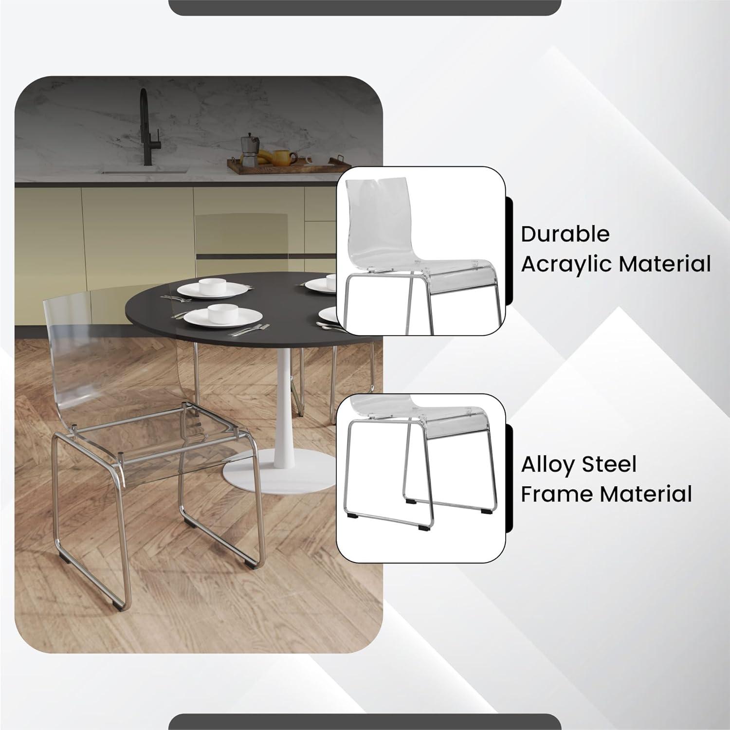 LeisureMod Acrylic Dining Chair with Stainless-Steel Frame in Chrome Finish and Waterfall-Edge Design for Modern Home, Kitchen, Cafes Lima Collection