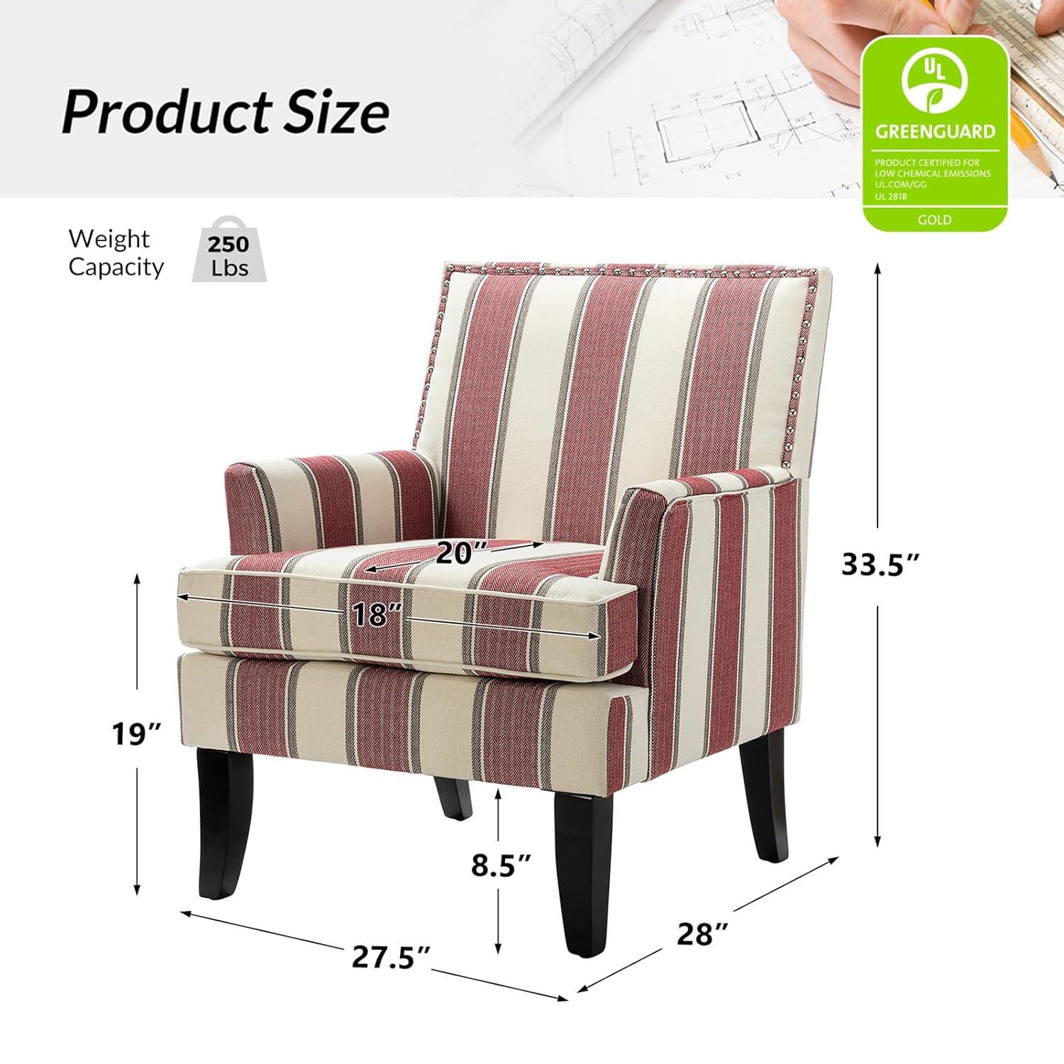 Red and White Striped Wooden Leg Accent Chair
