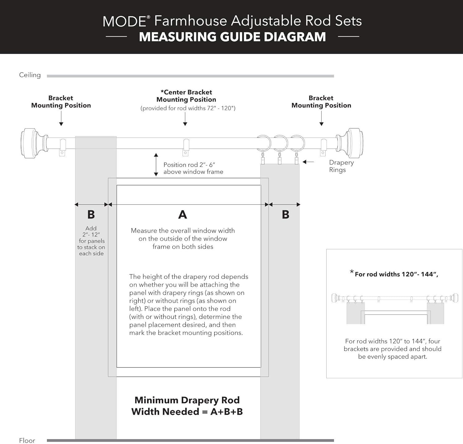 Mode Farmhouse Collection 1 1/8 in Diameter Curtain Rod Set with Cottage Square Finials and Steel Wall Mounted Adjustable Rod