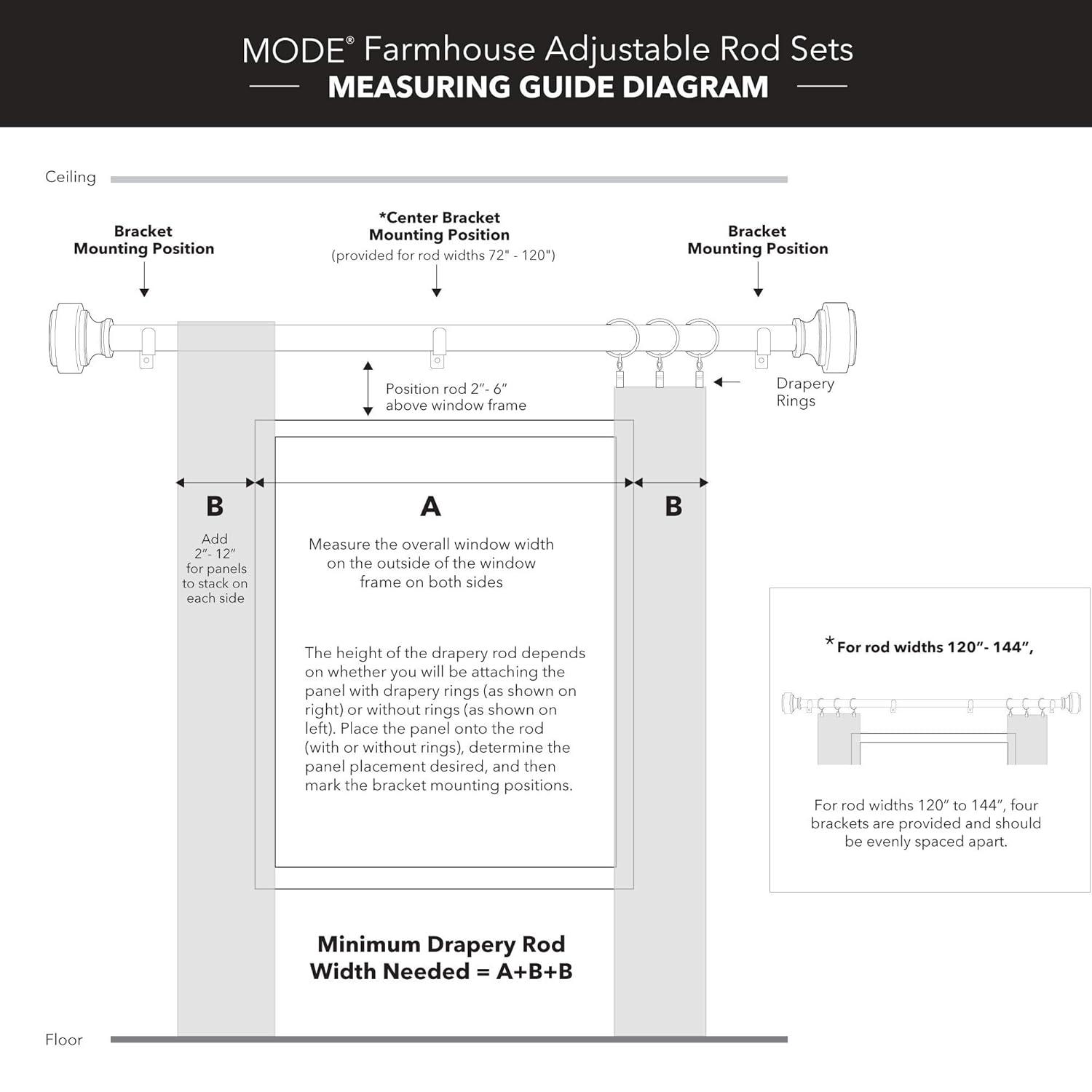 Mode Farmhouse Collection 1 1/8 in Diameter Curtain Rod Set with Cottage Square Finials and Steel Wall Mounted Adjustable Rod
